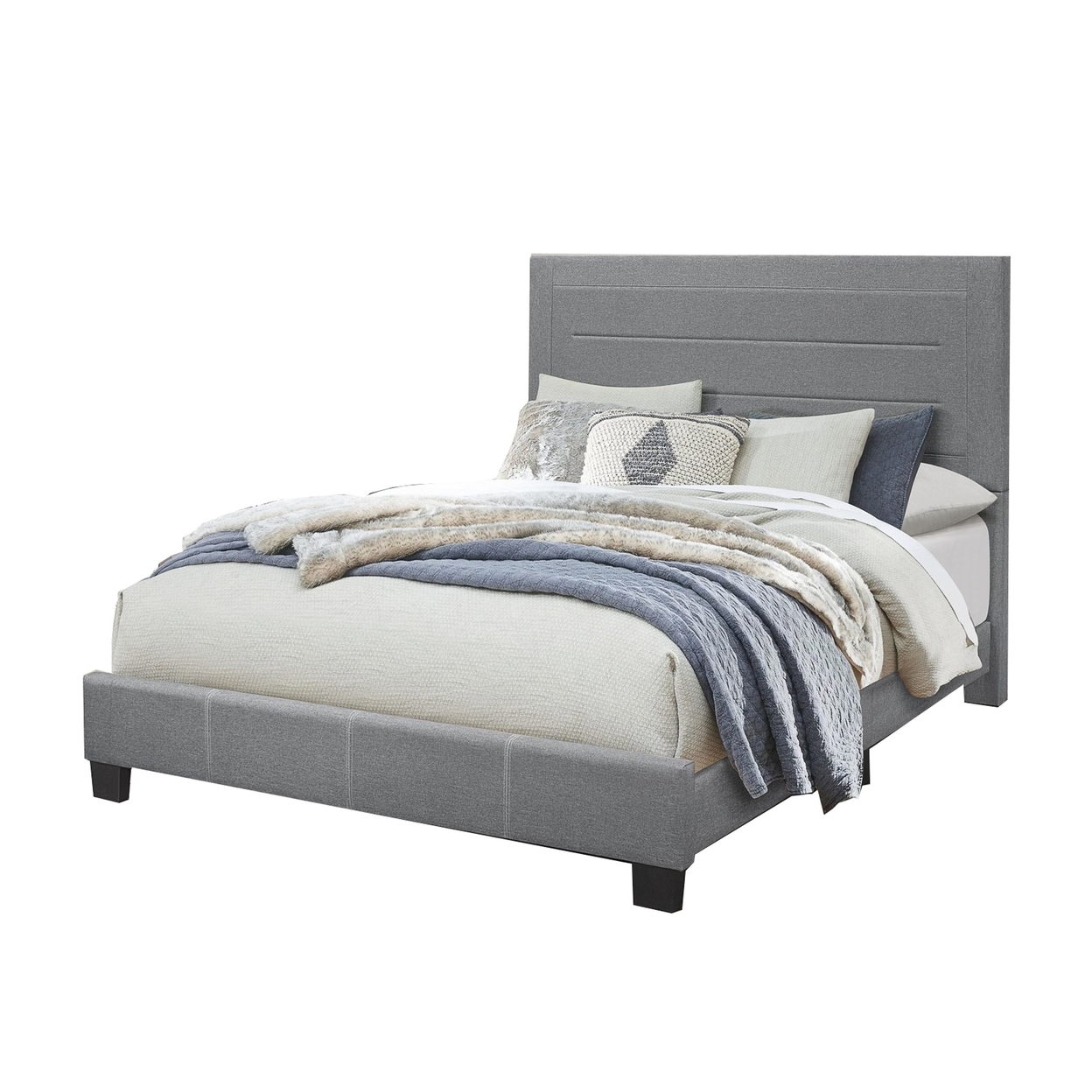 Queen Size Bed With Fabric Wrapped Frame And Panel Headboard, Gray- Saltoro Sherpi