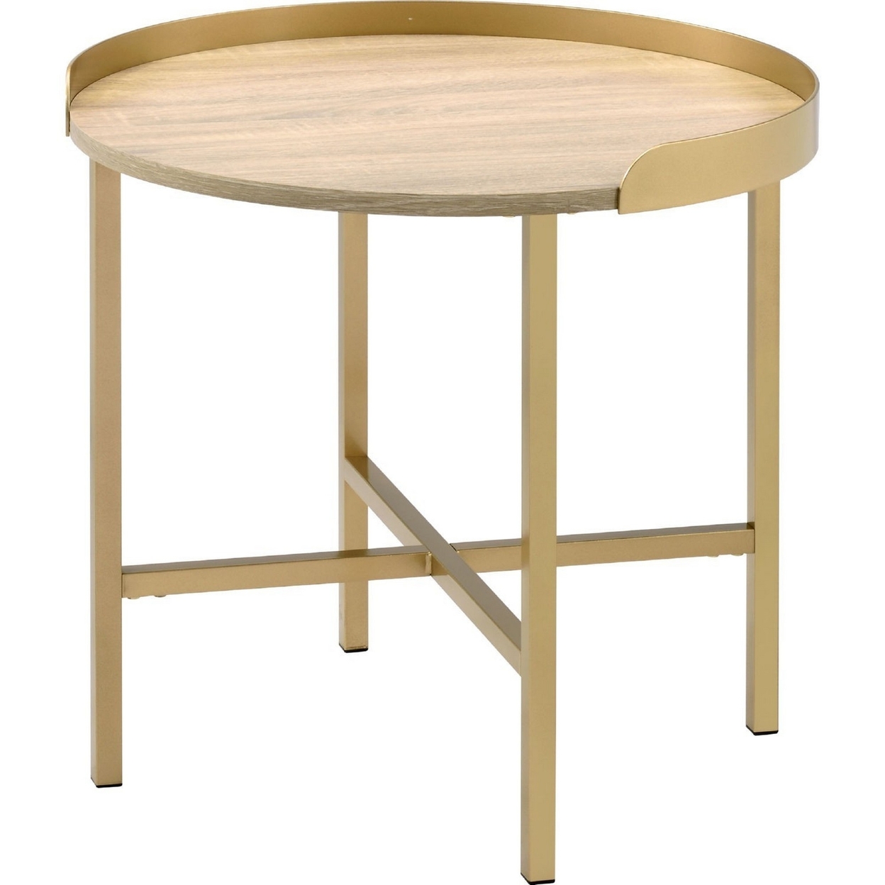 Kai 22 Inch Wood End Table, Round Tray Top, Metal Accent, Brown, Brass- Saltoro Sherpi