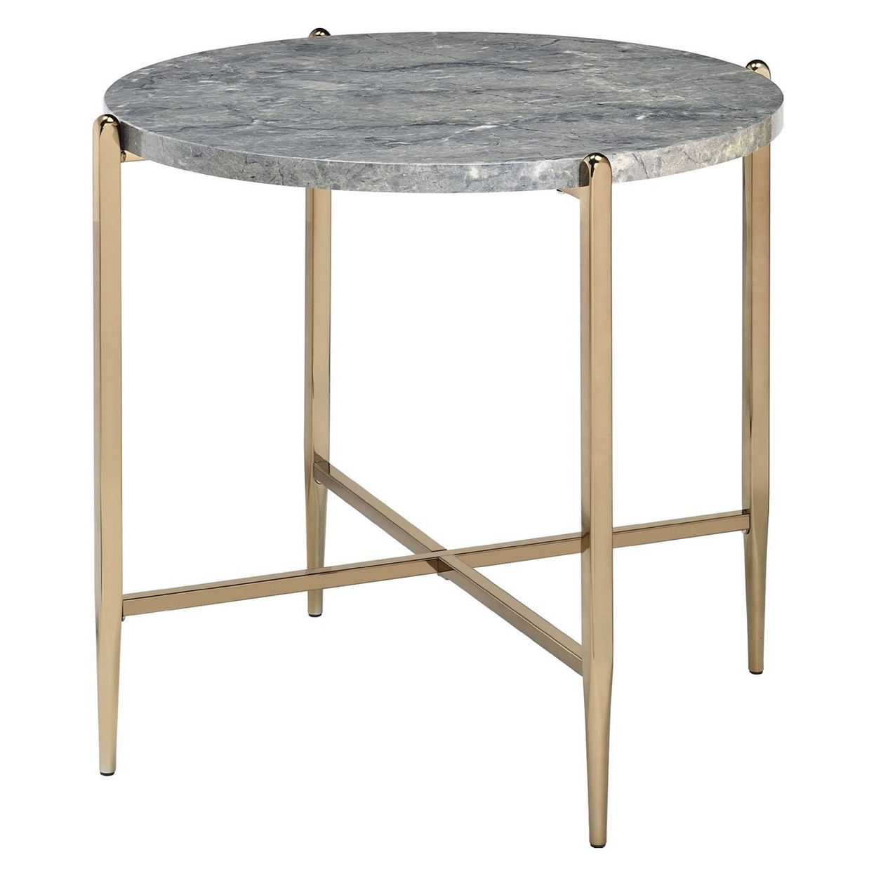 End Table With Oval Marble Top And X Shaped Support, Gray And Gold- Saltoro Sherpi