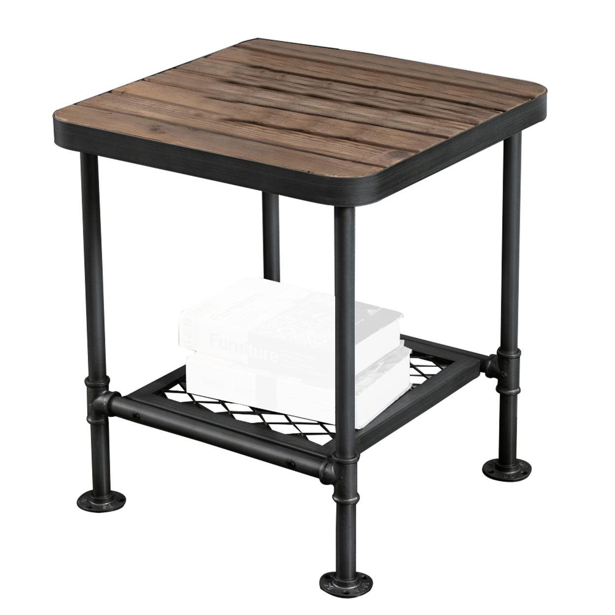 End Table With Plank Top And Mesh Shelf, Brown And Gray- Saltoro Sherpi
