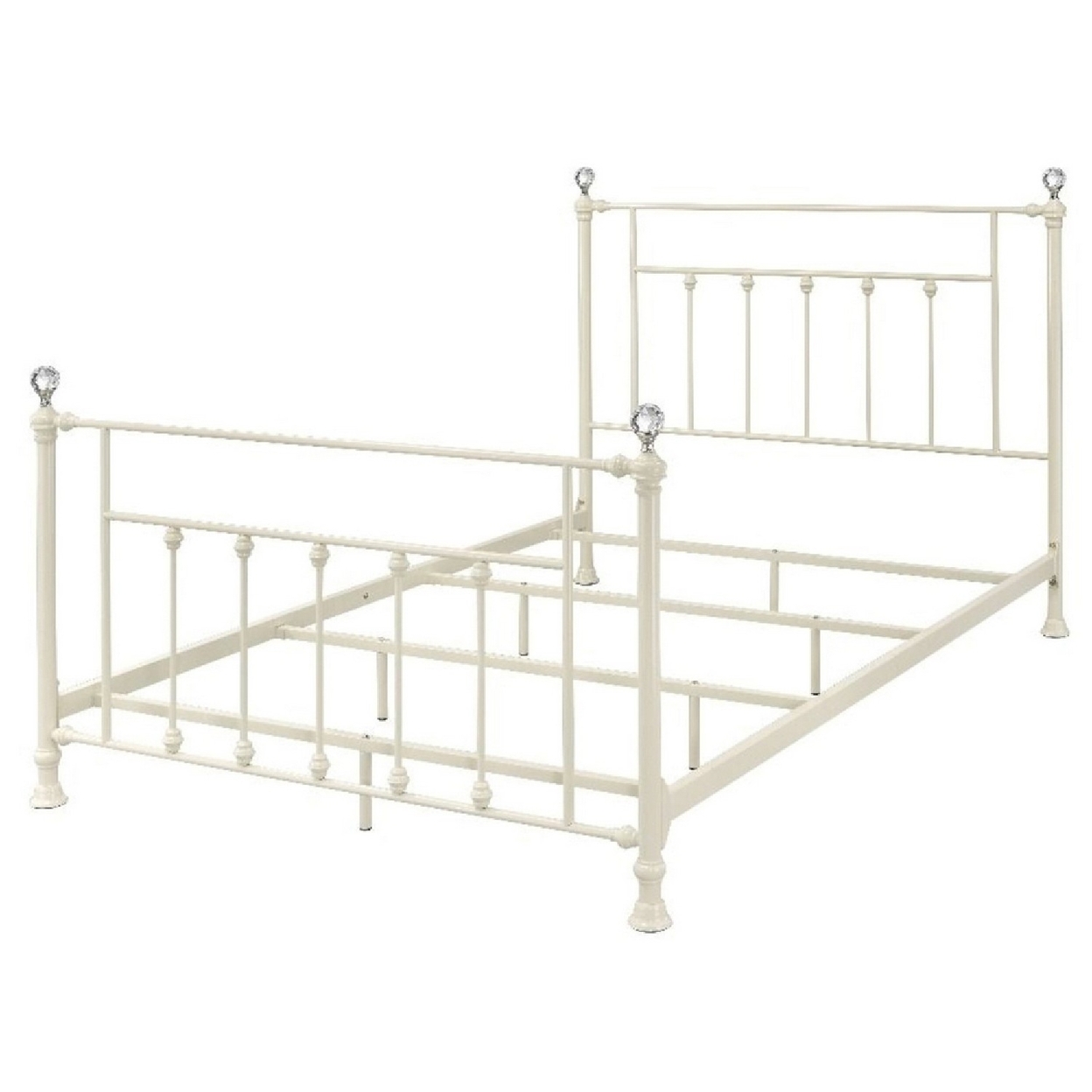 Metal Queen Bed With Spindle Design And Crystal Accents, White- Saltoro Sherpi
