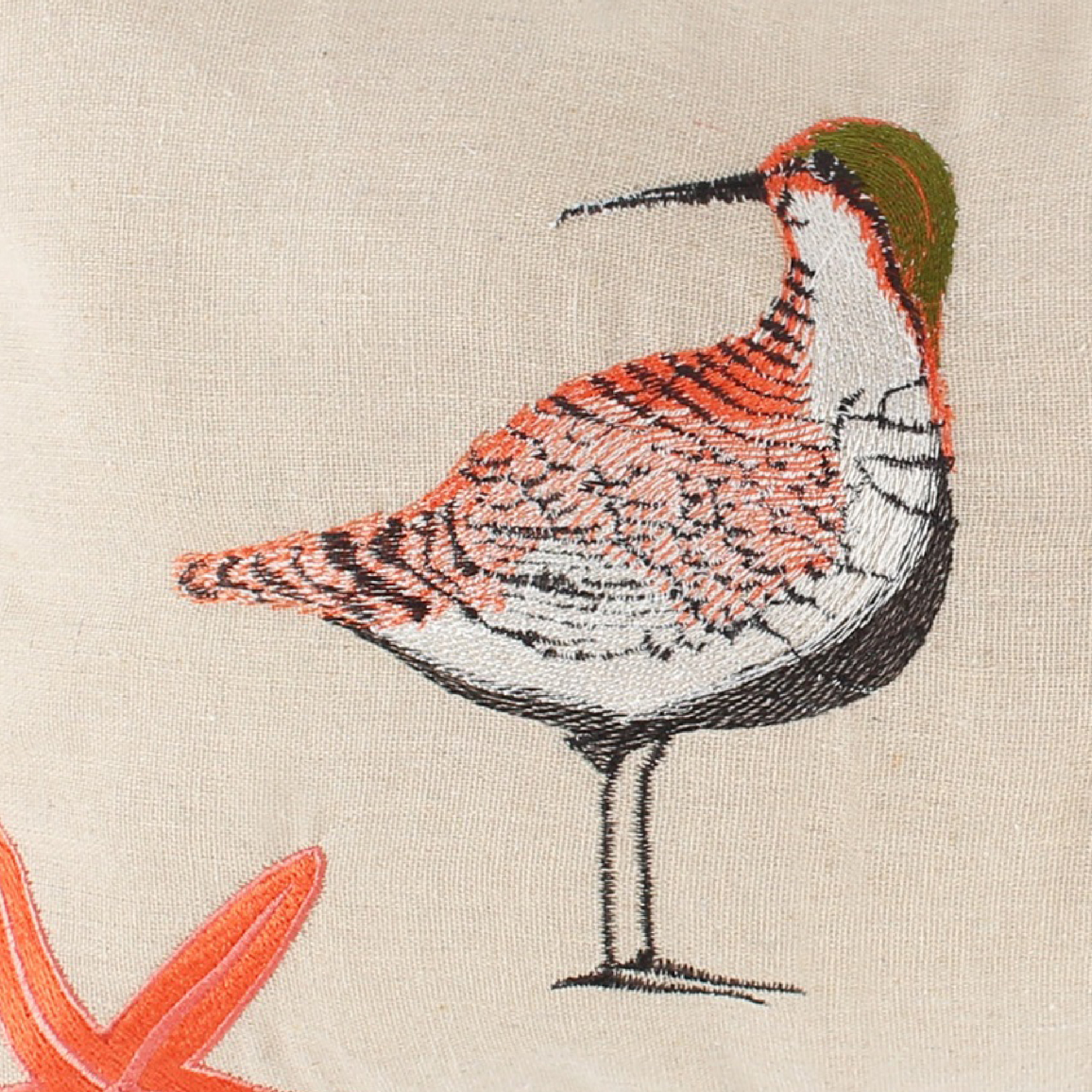 Vira 20 Inch Throw Pillow, Hand Embroidered Shorebirds, Canvas And Linen- Saltoro Sherpi