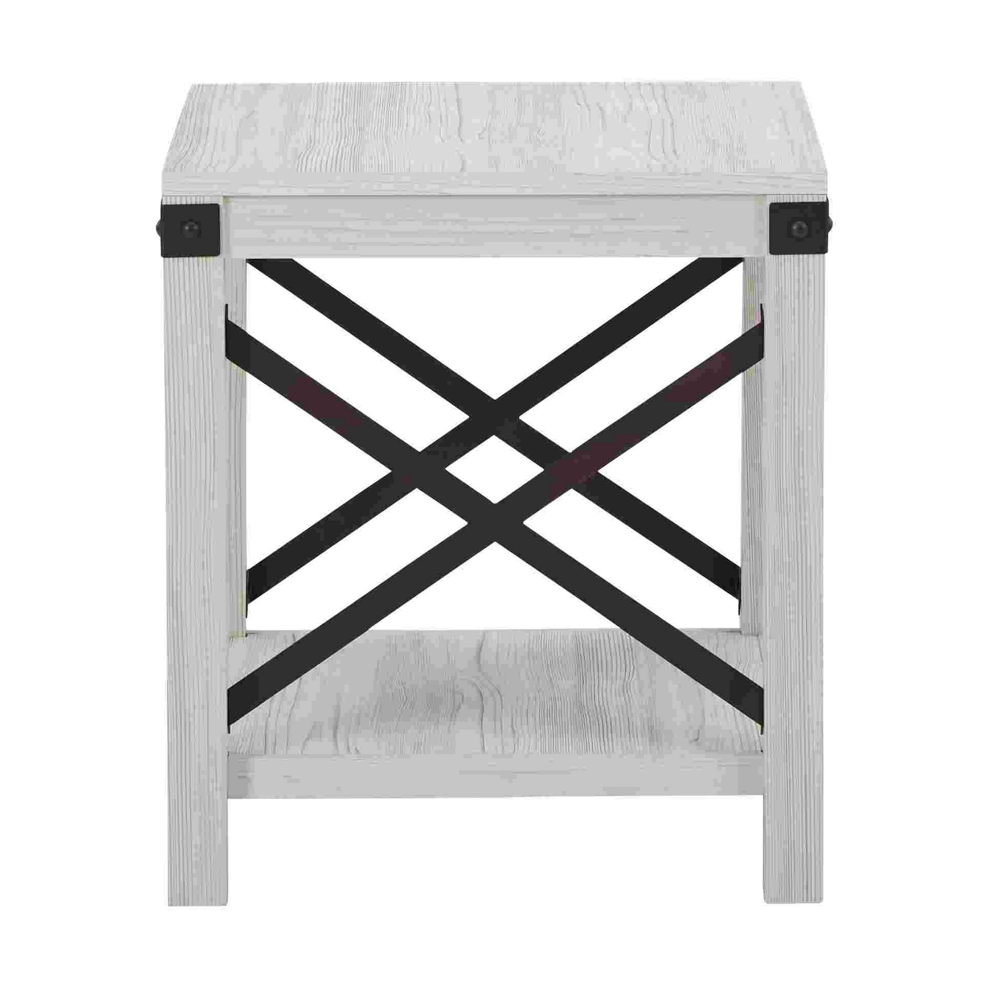 End Table With X Metal Accent And Grain Details, White- Saltoro Sherpi