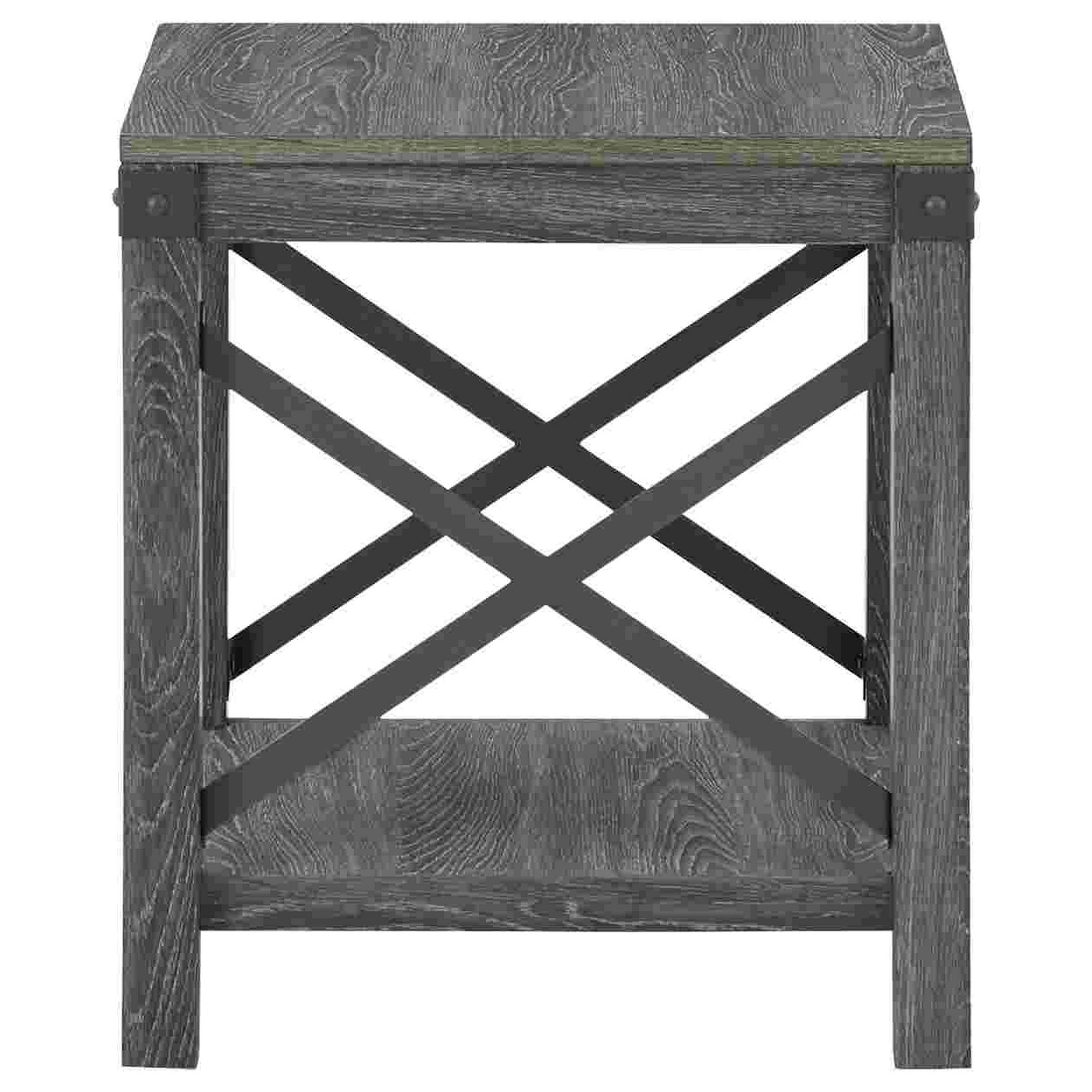 End Table With X Metal Accent And Grain Details, Gray- Saltoro Sherpi