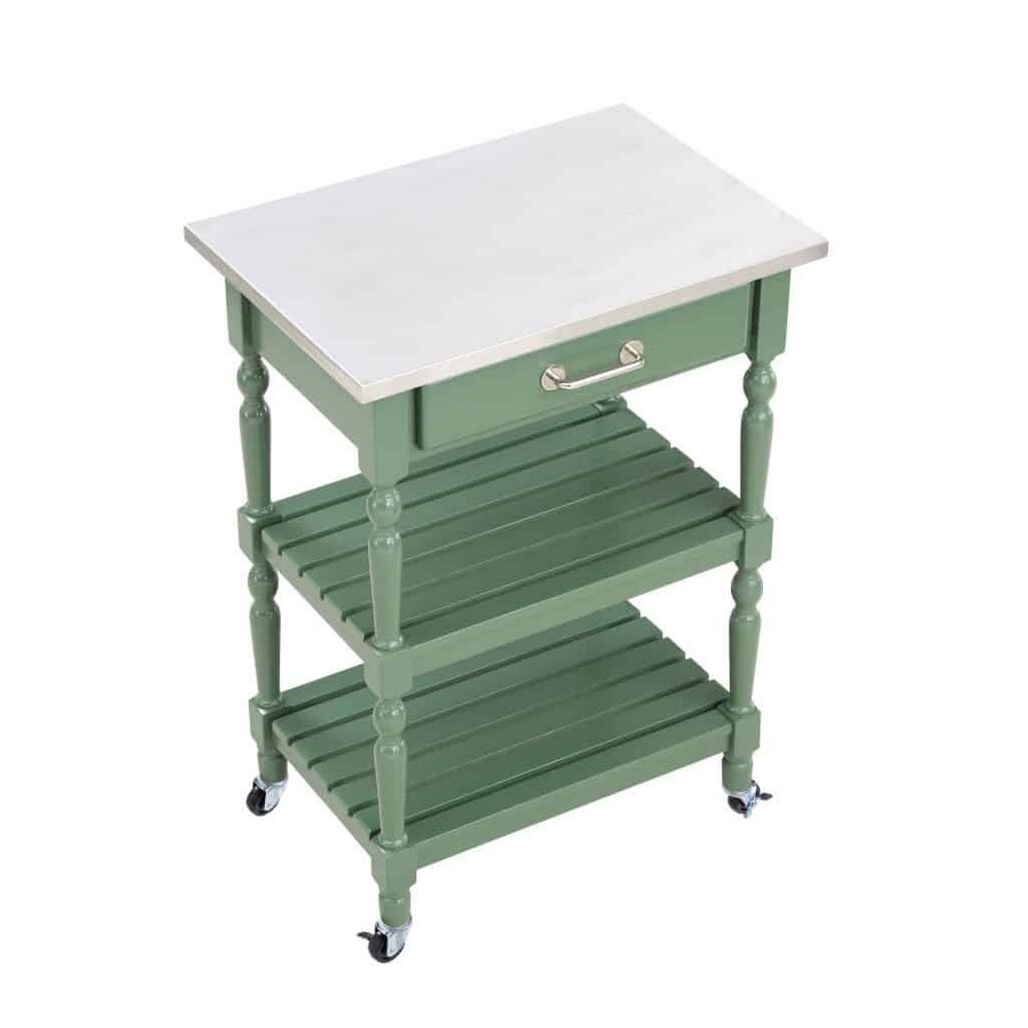 Irvin 33 Inch Kitchen Cart With Drawer And Shelves, Locking Wheels, Green - Saltoro Sherpi