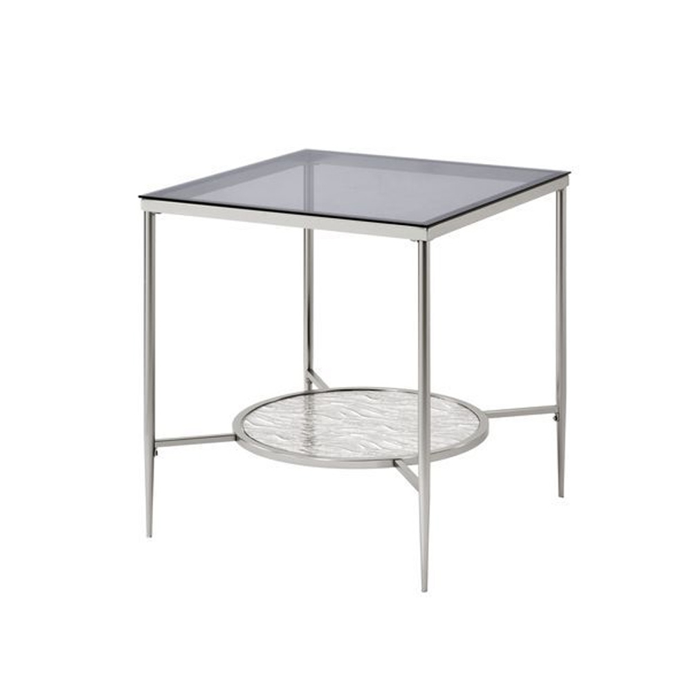 End Table With Textured Round Shelf, Silver- Saltoro Sherpi