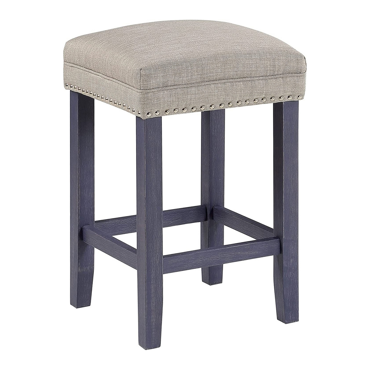 Eala 4 Piece Counter Height Table And Stool Set, Blue Wood, Gray Fabric- Saltoro Sherpi