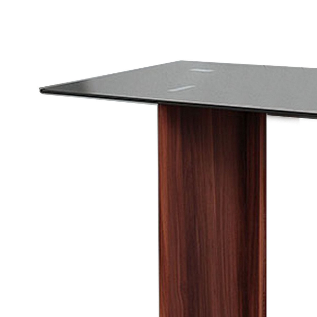 Liam 47 Inch Sofa Console Table, Brown Wood, Pedestal Base, Black Glass Top- Saltoro Sherpi