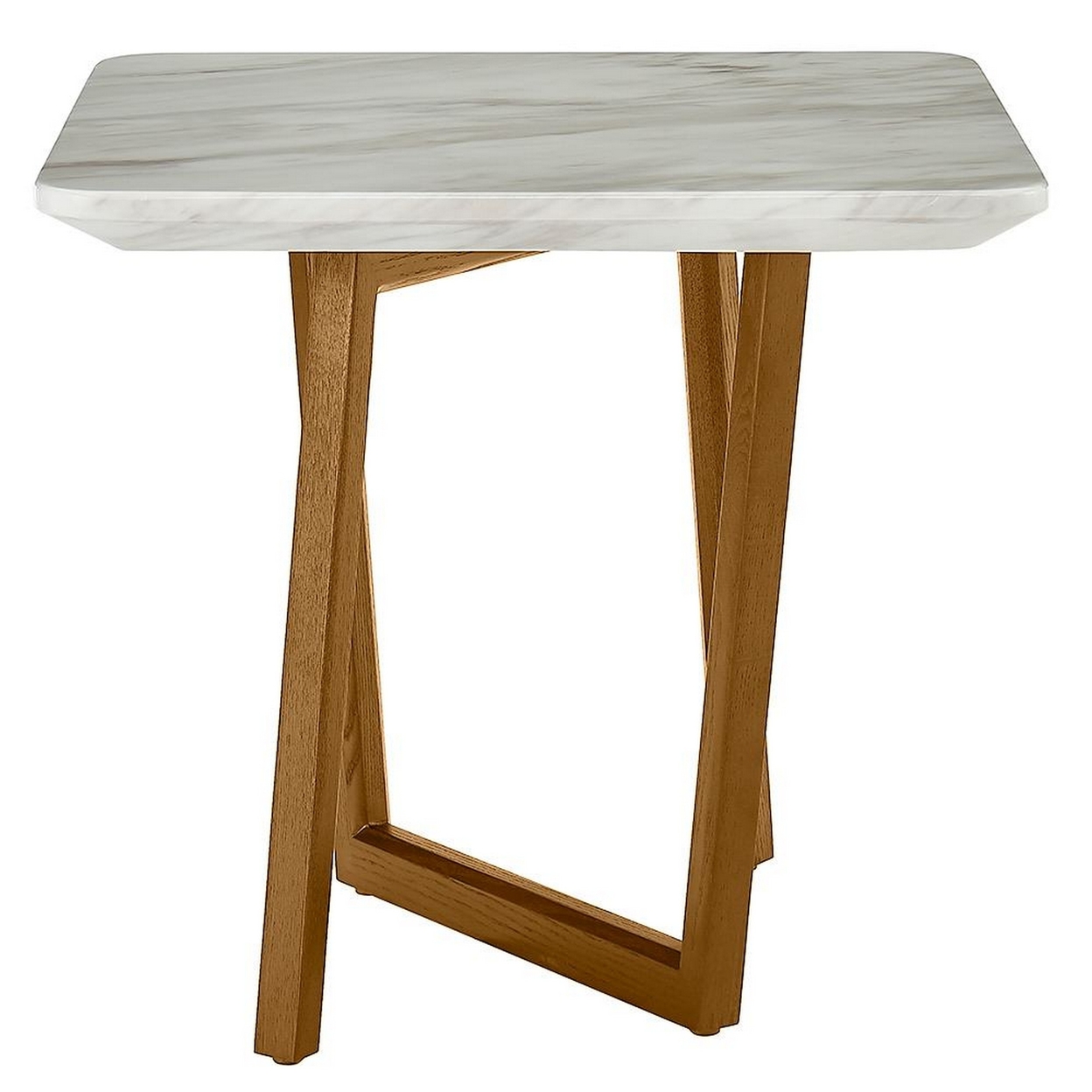 22 Inch Side End Table, Ceramic White Faux Marble Surface, Walnut Base - Saltoro Sherpi