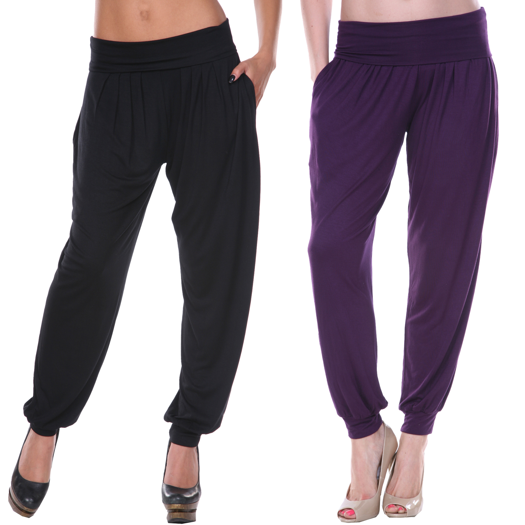 White Mark Women's 2-Pack High Waist Harem Pants - Black, Purple, Small
