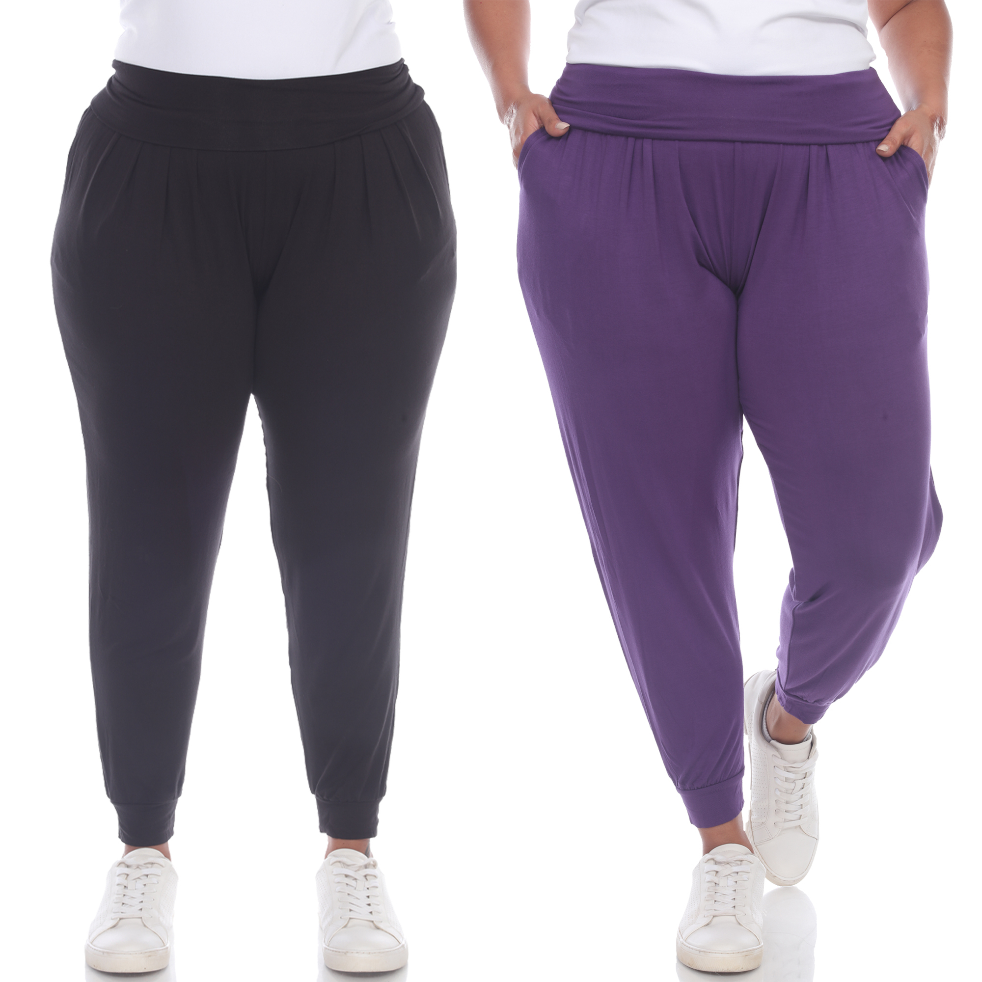 White Mark Women's 2-Pack High Waist Harem Pants - Black, Purple, 3X