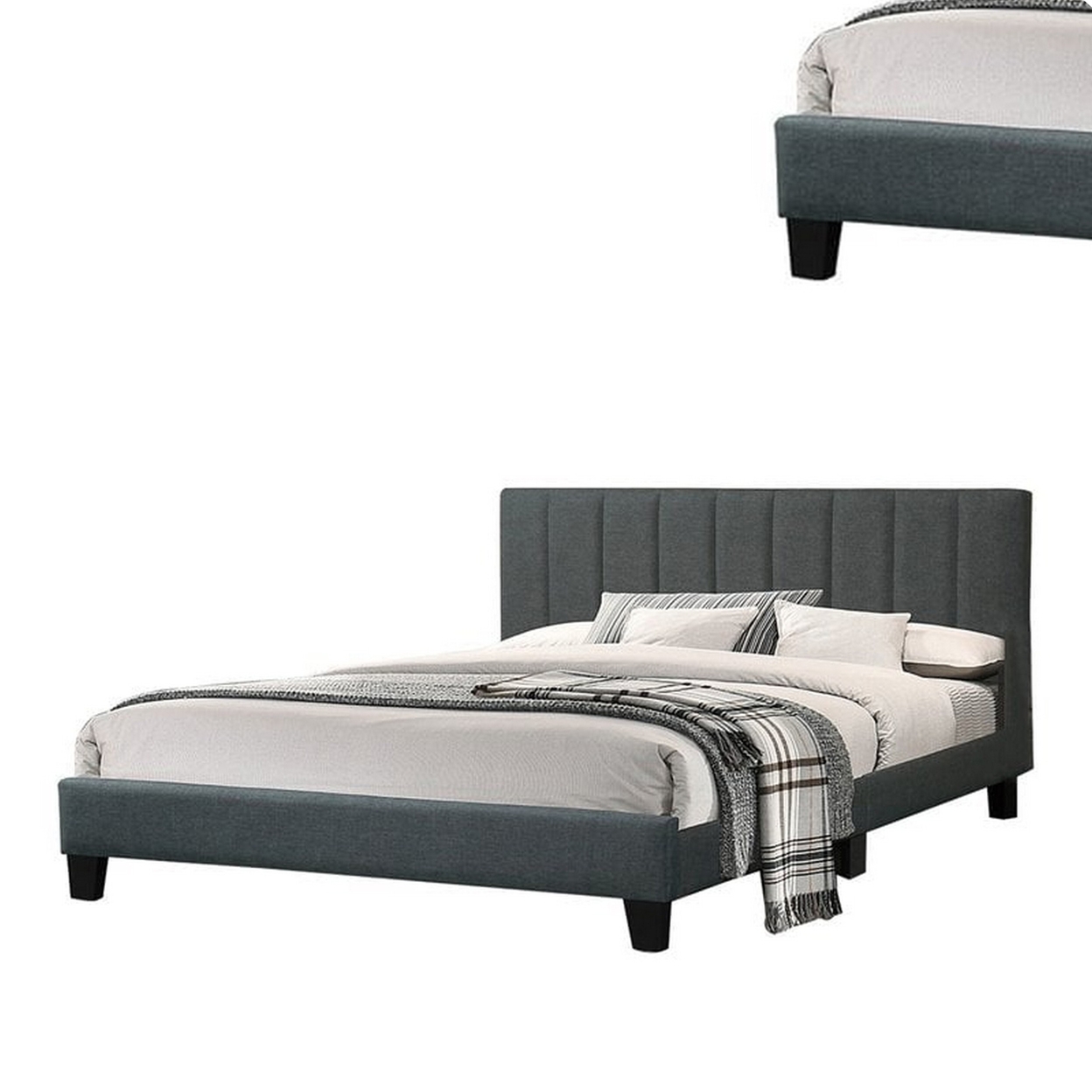 Eve Platform Full Size Bed, Vertical Channel Tufting, Charcoal Upholstery- Saltoro Sherpi