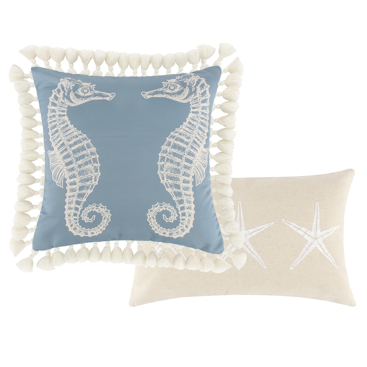 Polyester Throw Pillows, Stitched Seahorse And Starfish Design, Set Of 2, White Tassels, Blue, Beige