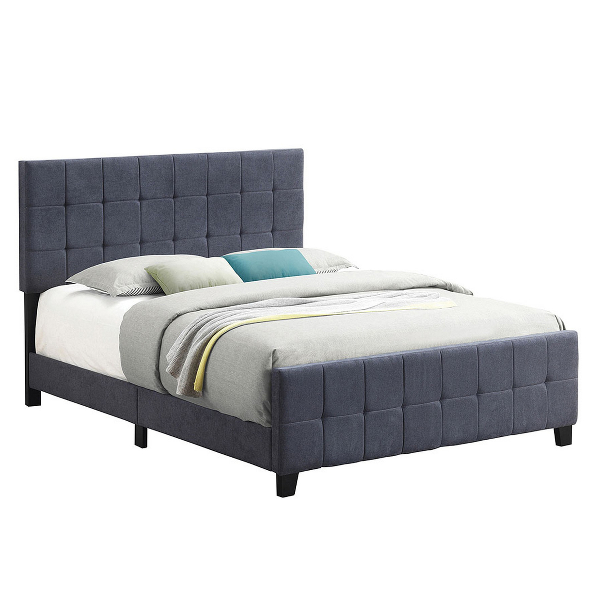Grid Tufted Fabric Upholstered Queen Bed, Gray- Saltoro Sherpi