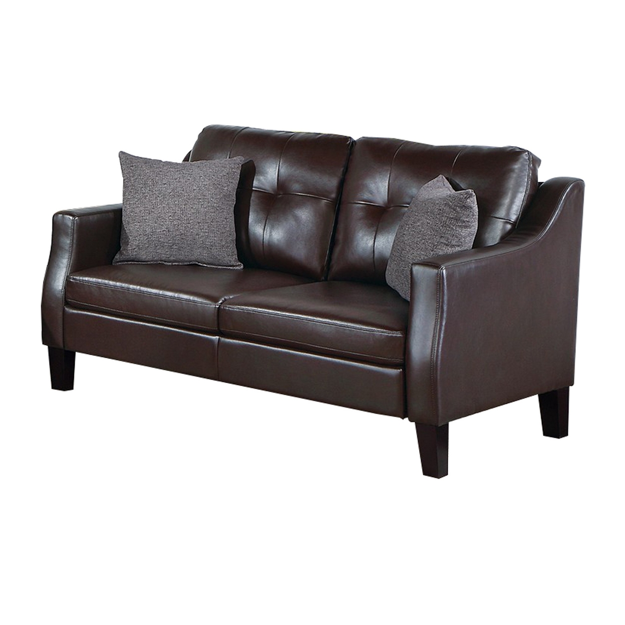Hera 2 Piece Sofa And Loveseat Set, 4 Pillows, Classic Brown Faux Leather- Saltoro Sherpi