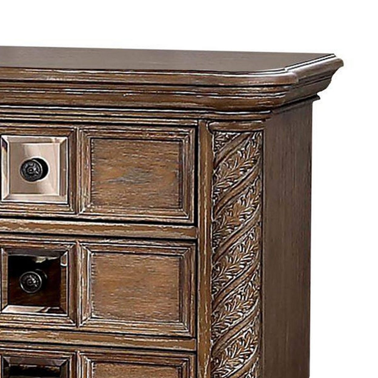 Isac 30 Inch Nightstand, 3 Gliding Drawers, Carved Faux Wood, Rustic Brown- Saltoro Sherpi