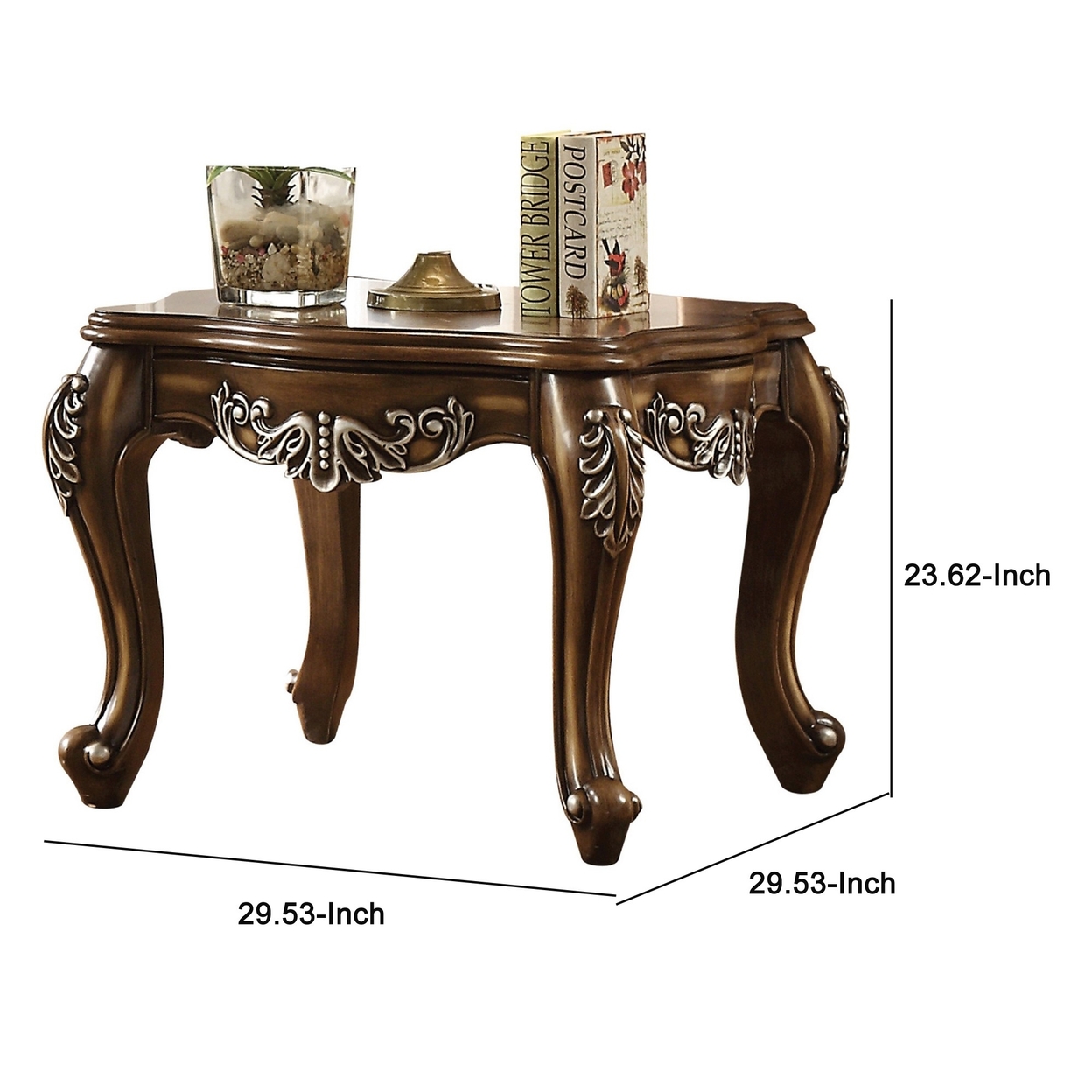 Wooden End Table With Fine Scrolled Work, Antique Oak Brown- Saltoro Sherpi