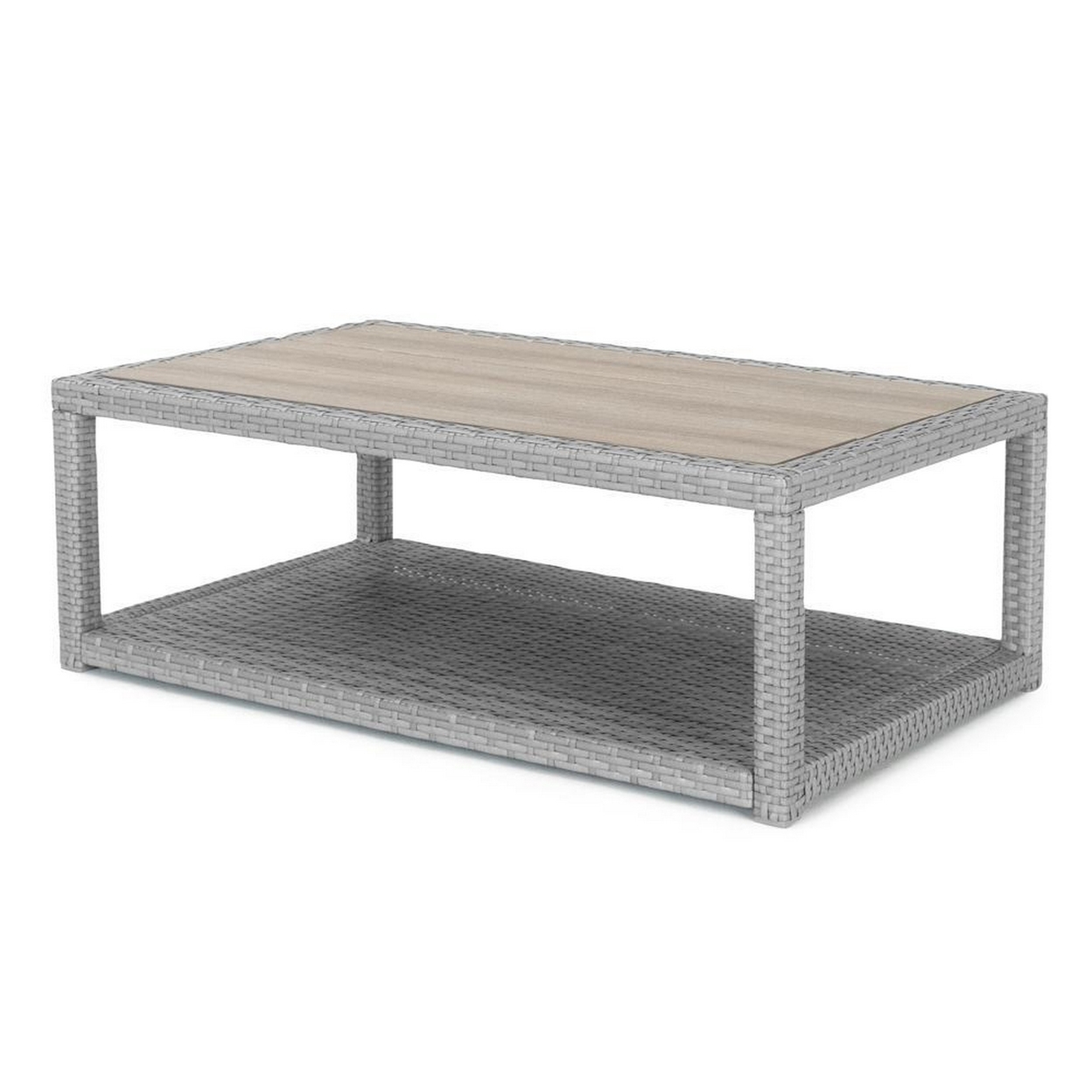 Coco 46 Inch Modern Patio Coffee Table With Shelf, Wicker Frame, Gray- Saltoro Sherpi