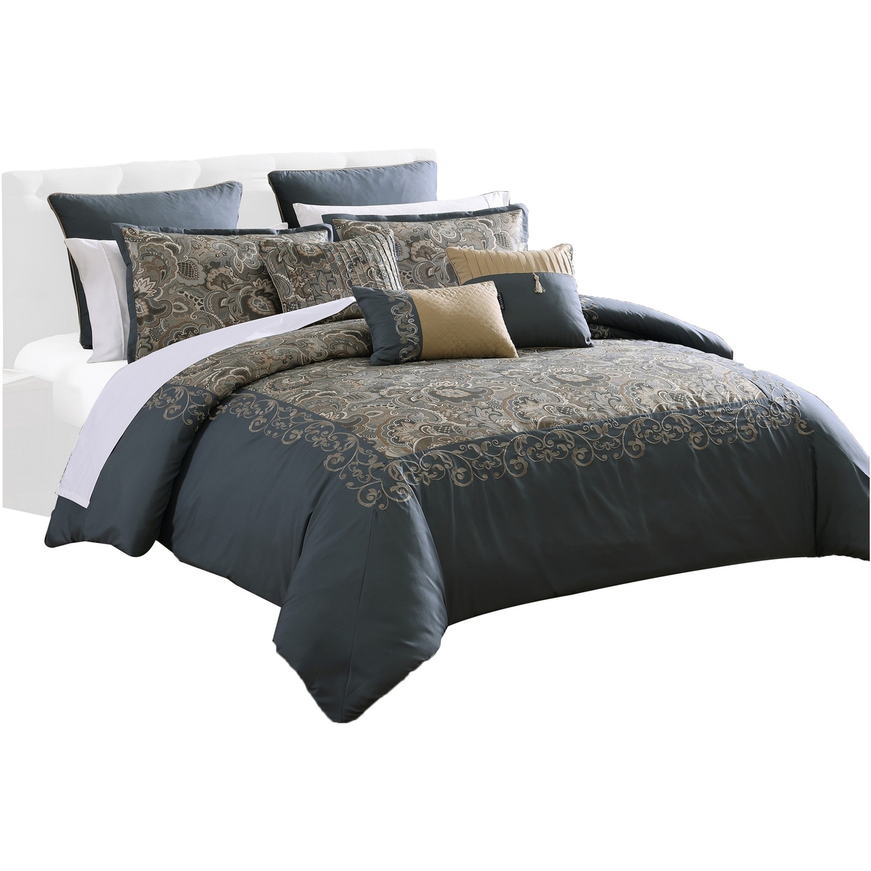 Zoe 10 Piece Queen Size Comforter Set, 3 Pillows, Bed Skirt, Blue, Gold - Saltoro Sherpi