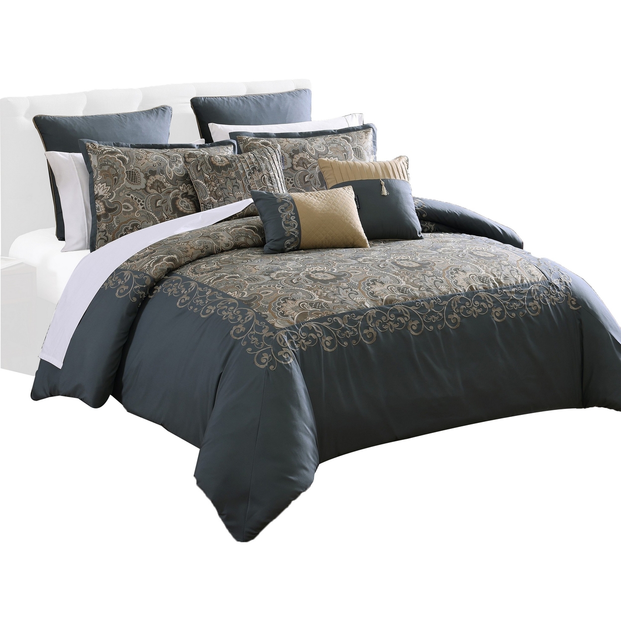 Zoe 10 Piece King Size Comforter Set, 3 Pillows, Bed Skirt, Blue, Gold - Saltoro Sherpi