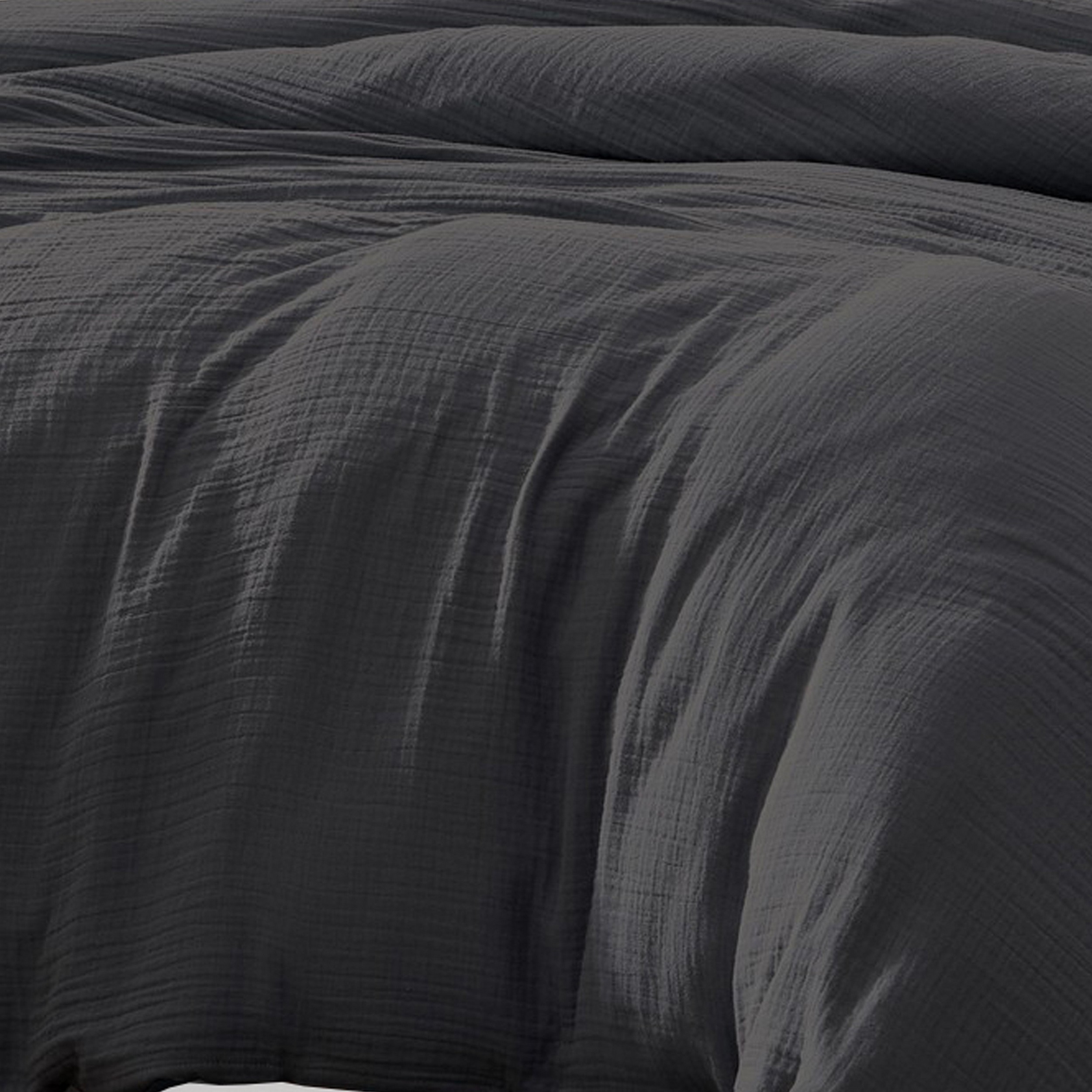 Uvi 3 Piece Queen Comforter Set, Cotton, Natural Crinkled Texture, Black - Saltoro Sherpi
