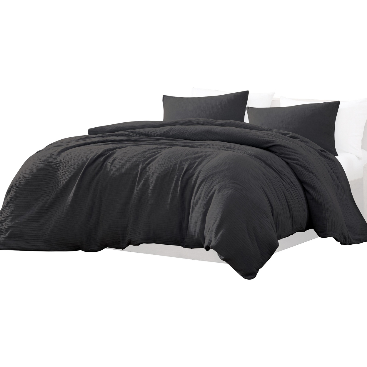 Uvi 3 Piece King Comforter Set, Cotton, Natural Crinkled Texture, Black - Saltoro Sherpi