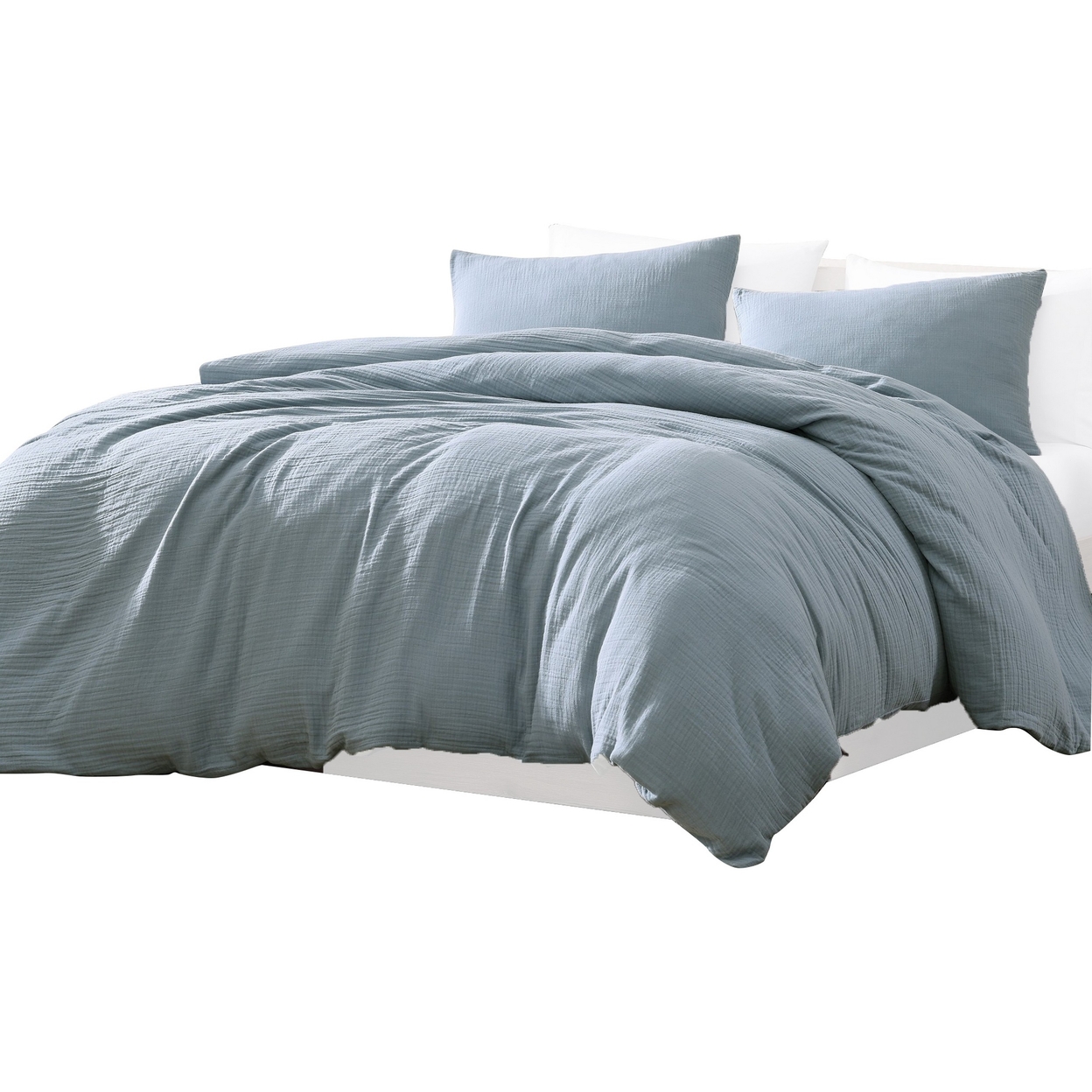 Uvi 3 Piece King Comforter Set, Cotton, Natural Crinkled Texture, Blue - Saltoro Sherpi