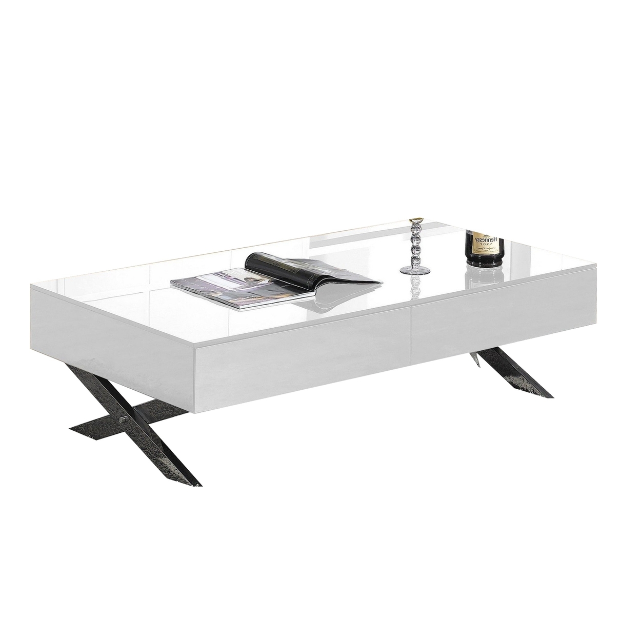 Tika 51 Inch 2 Drawer Coffee Table, White Glass Top, Chrome Metal X Legs - Saltoro Sherpi