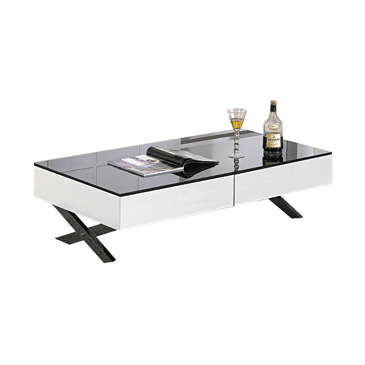 Tika 51 Inch 2 Drawer Coffee Table, Black Glass Top, Cross Legs, White Wood - Saltoro Sherpi