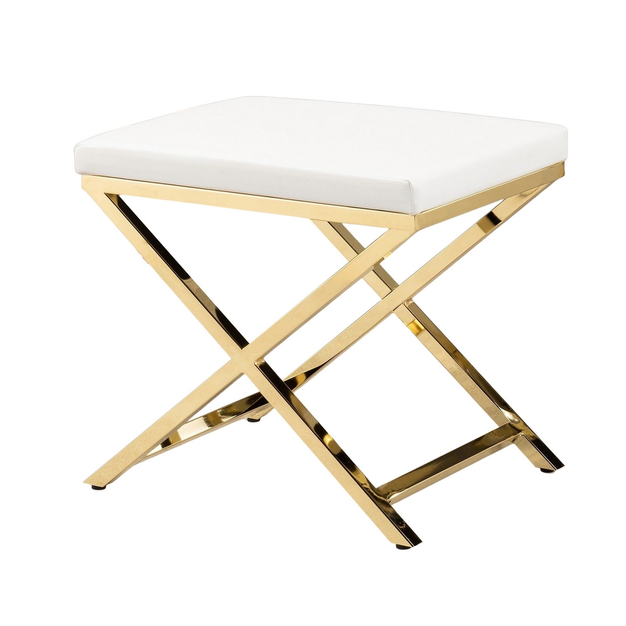 Sumi 18 Inch Stool, Padded Seat, White Faux Leather, Crossed Gold Legs - Saltoro Sherpi