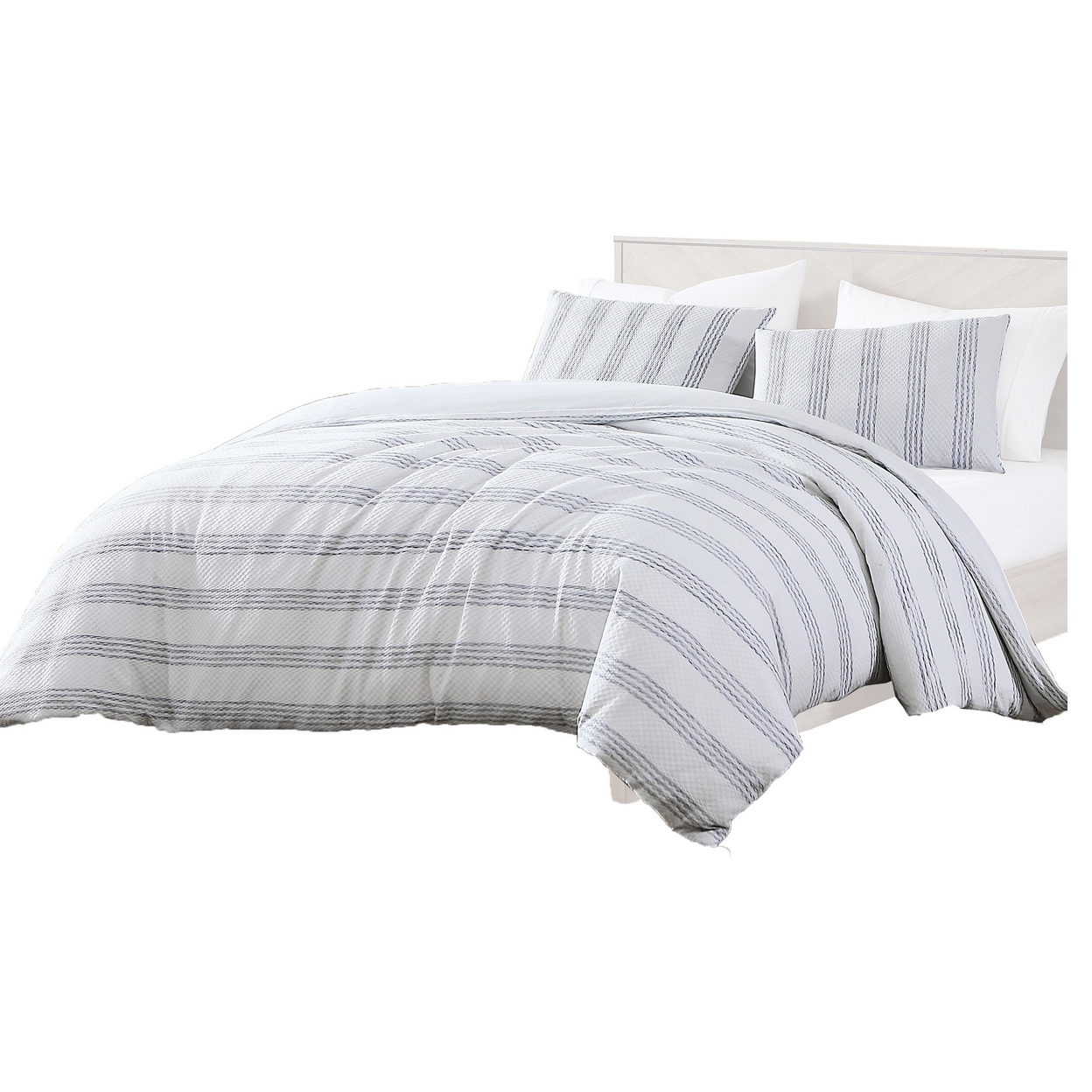 Sam 4 Piece Queen Size Duvet Comforter Set, Cotton, Striped Woven, White - Saltoro Sherpi