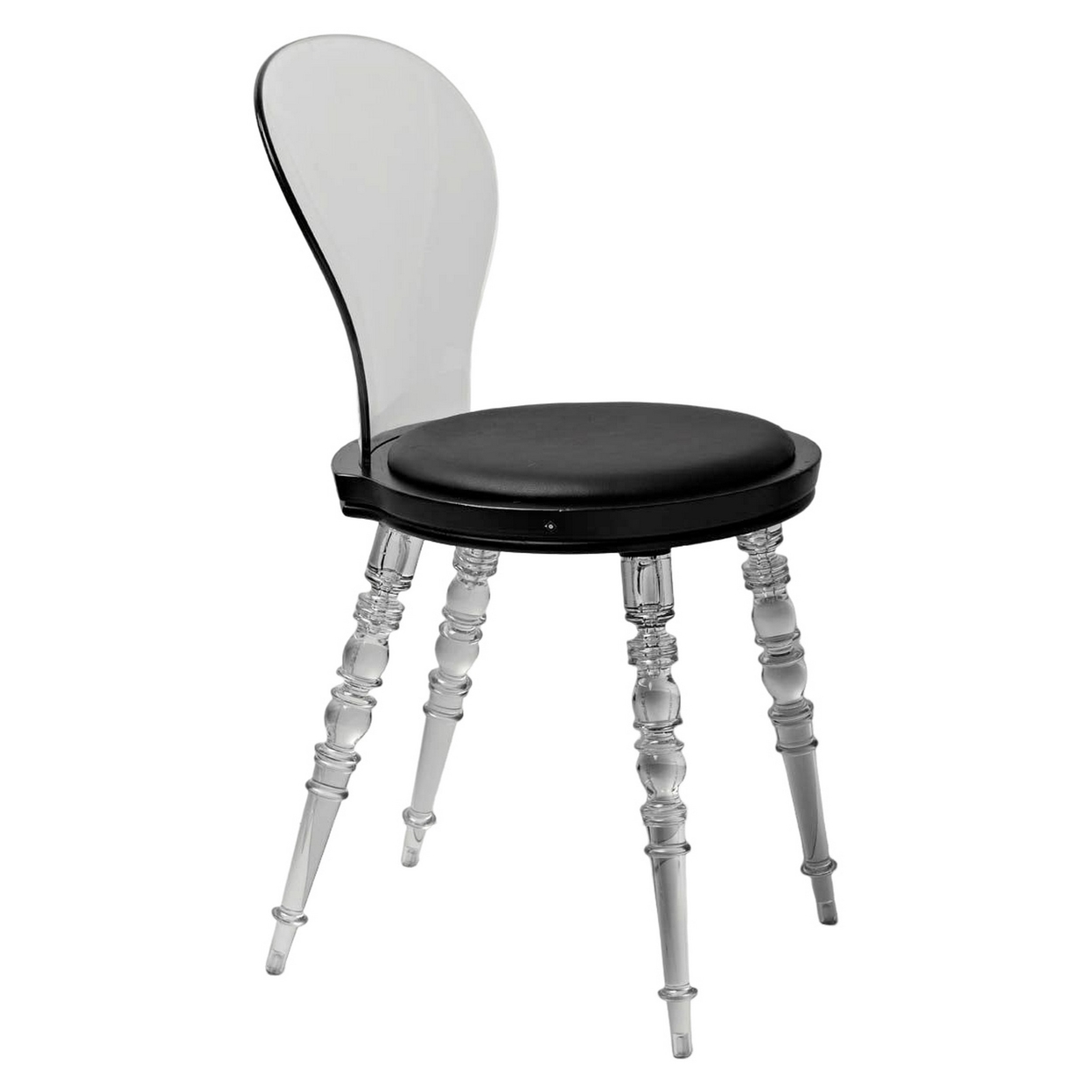 Rari 19 Inch Crystal Clear Armless Chair, Padded Black Vegan Leather Seat - Saltoro Sherpi