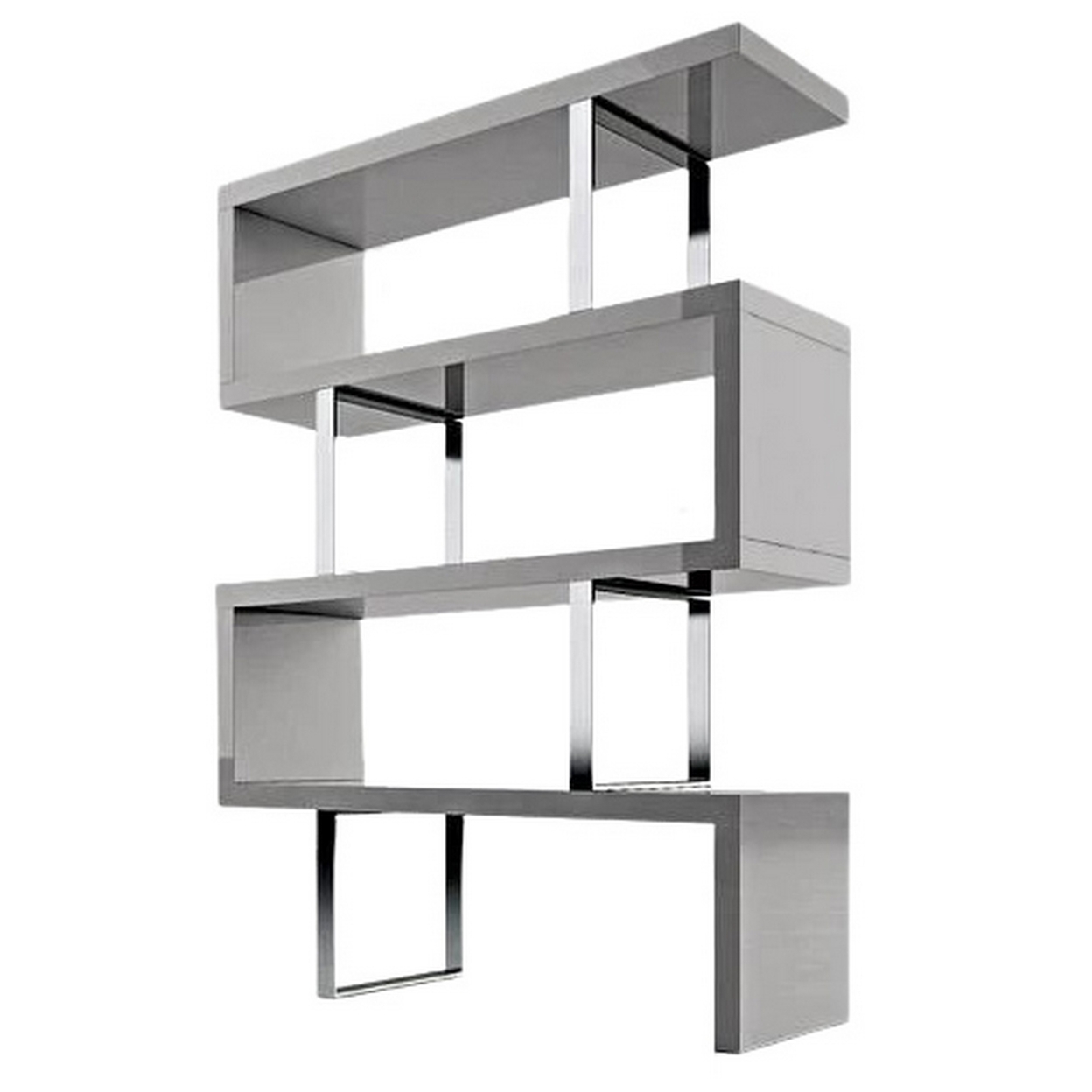 Raha 72 Inch 4 Tier Display Bookshelf, Chrome Metal, Gray Lacquered MDF - Saltoro Sherpi