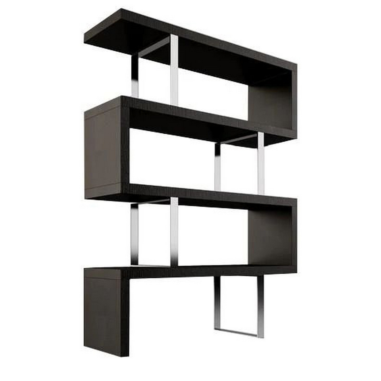 Raha 67 Inch 4 Tier Display Bookshelf, Chrome Metal, Black Lacquered MDF - Saltoro Sherpi