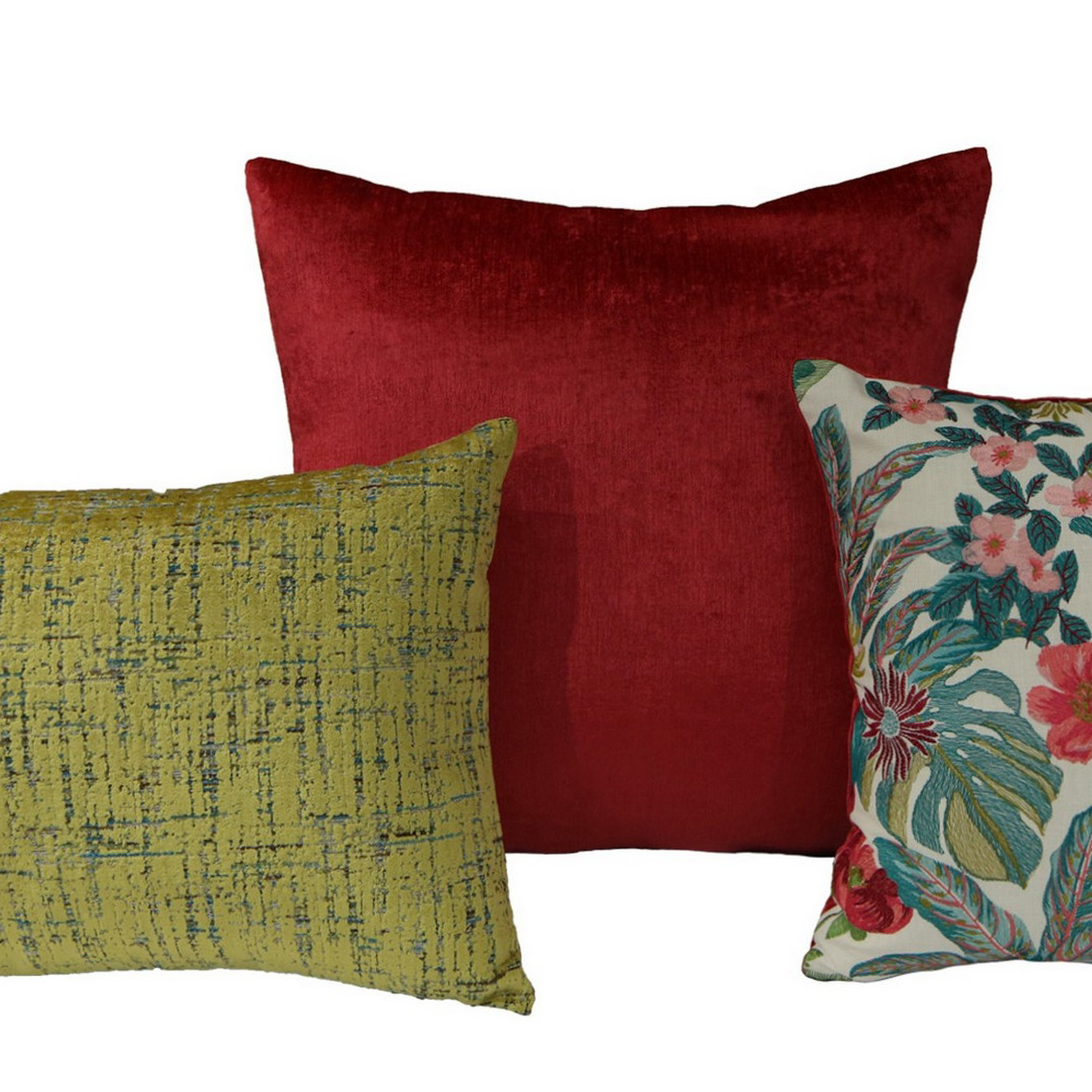 Jill 3 Colorful Accent Throw Pillow Set, Shiny Chenille, Navy Botanical - Saltoro Sherpi
