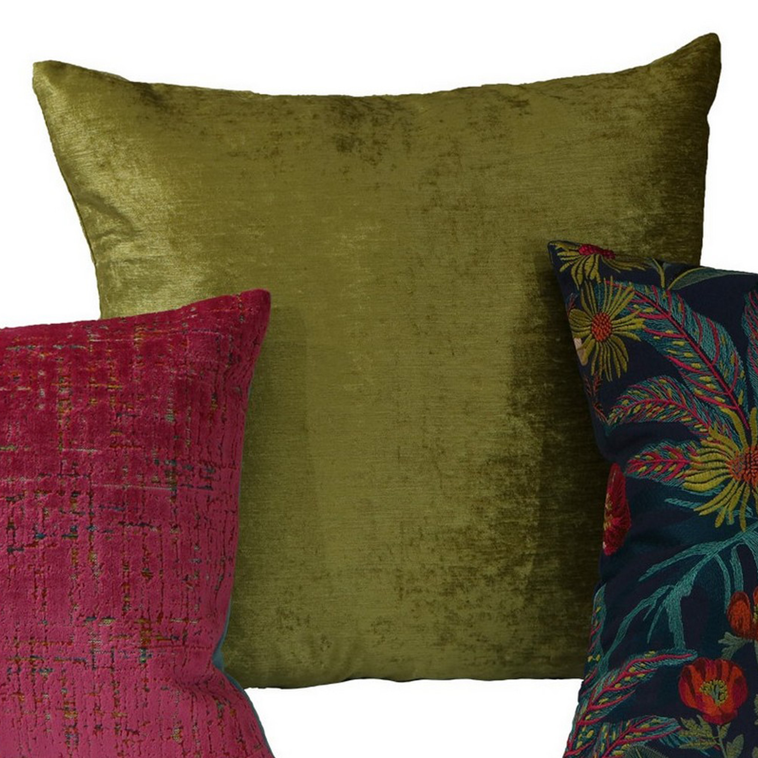 Jill 3 Colorful Accent Throw Pillow Set, Chenille, Botanical Embroidery - Saltoro Sherpi