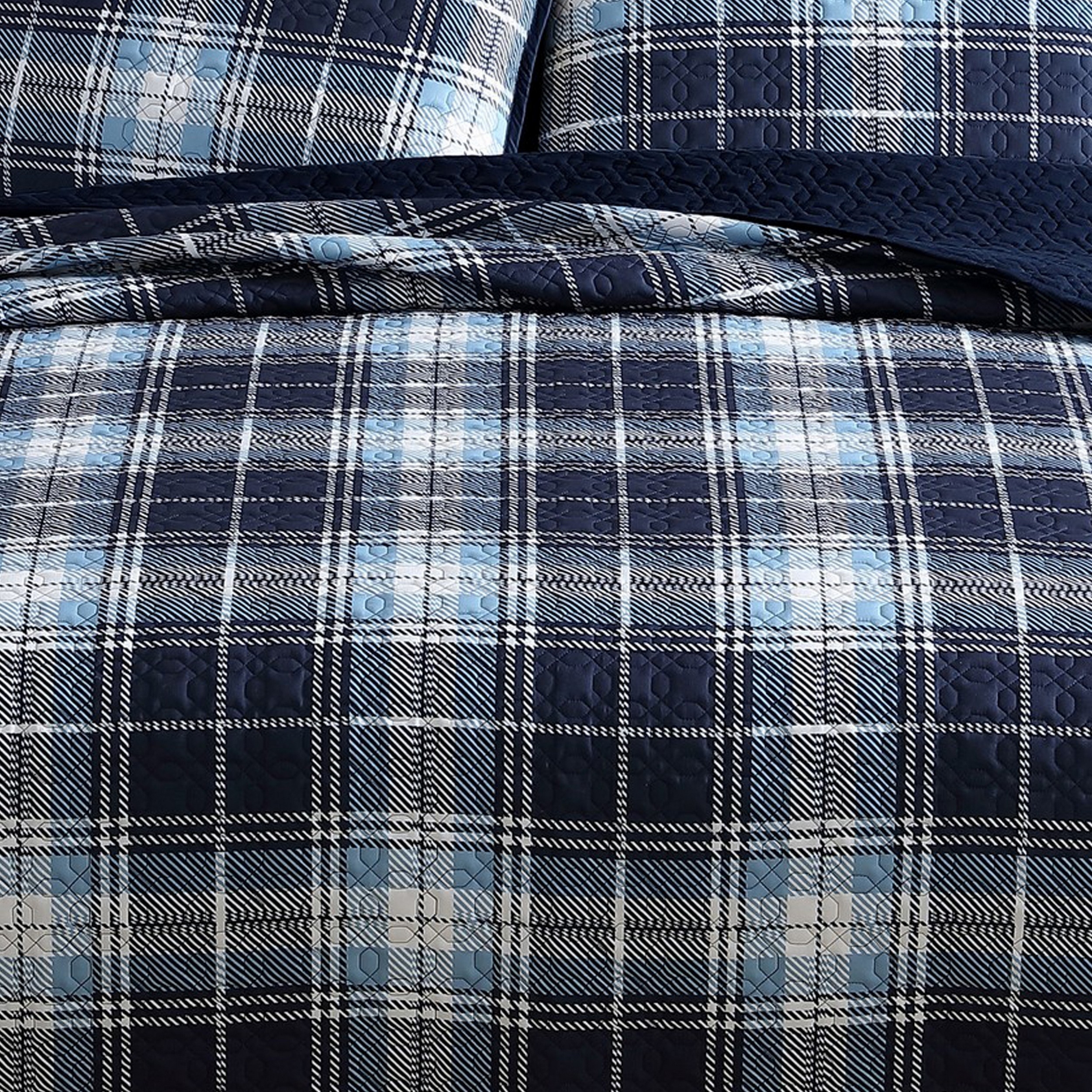 Ivy 3 Piece Full Queen Plaid Coverlet With Matching Shams, Blue, White - Saltoro Sherpi