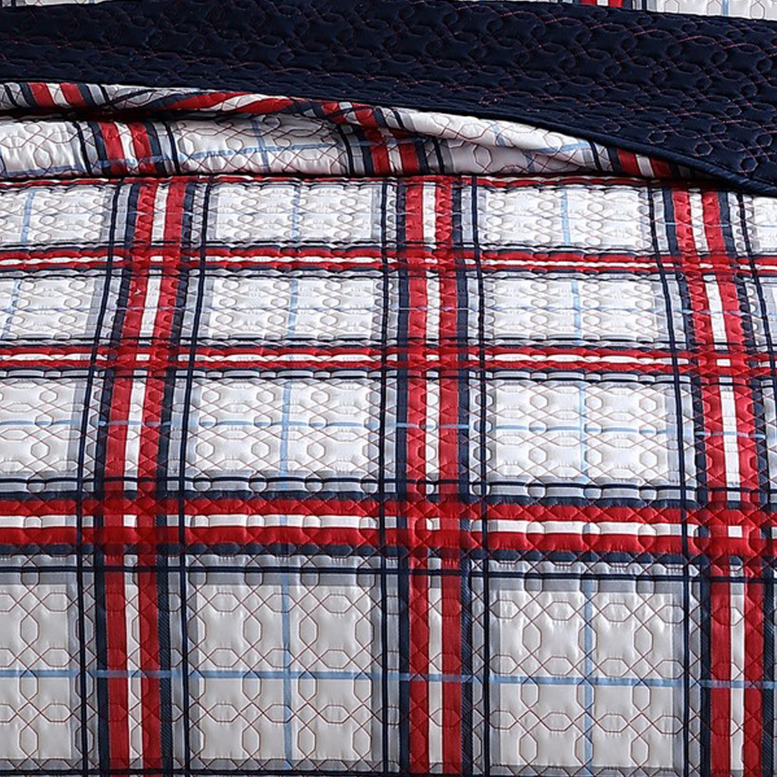 Ivy 3 Piece Full Queen Plaid Coverlet With Matching Shams, Red, White - Saltoro Sherpi