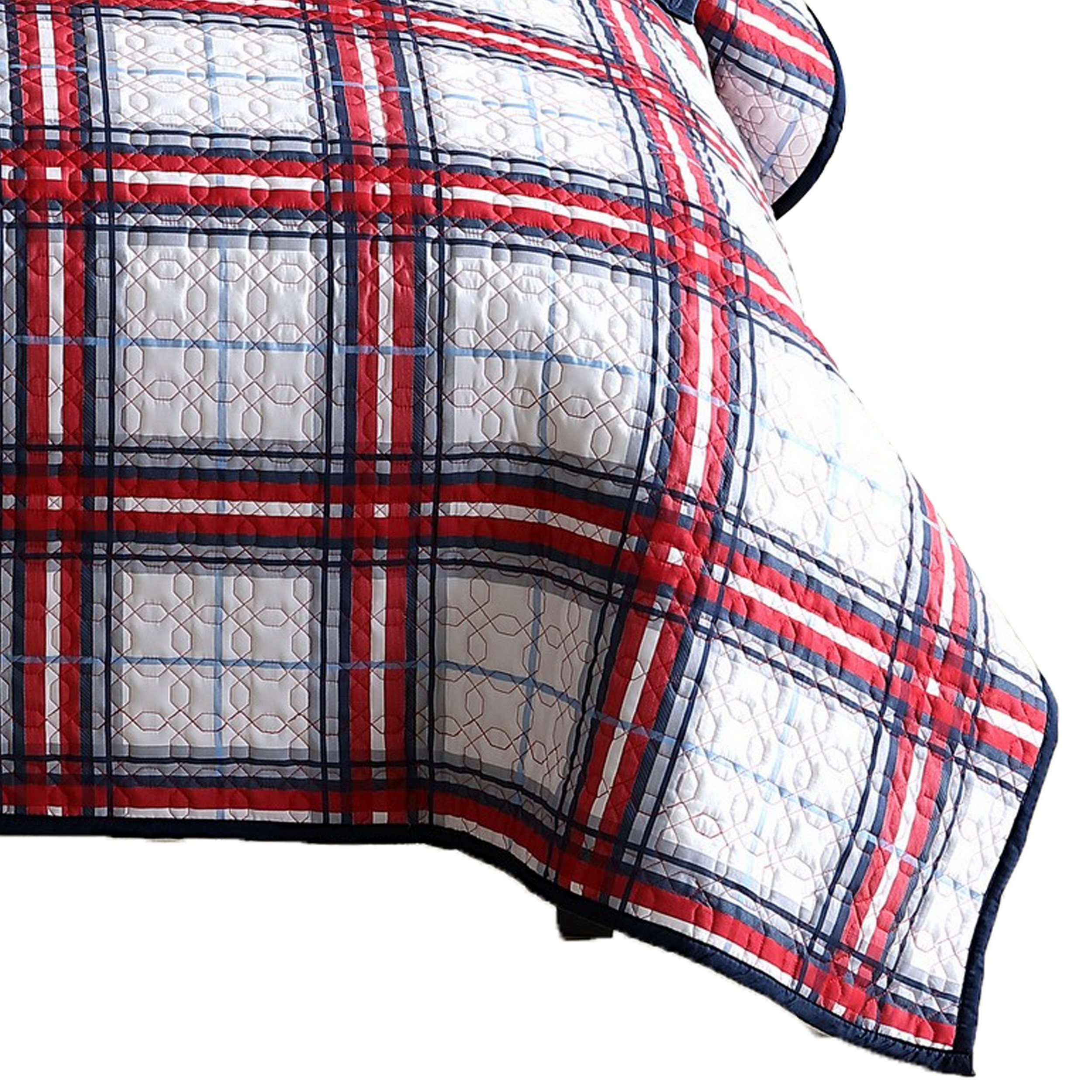 Ivy 2 Piece Twin Size Plaid Coverlet With Matching Sham, Red, White - Saltoro Sherpi