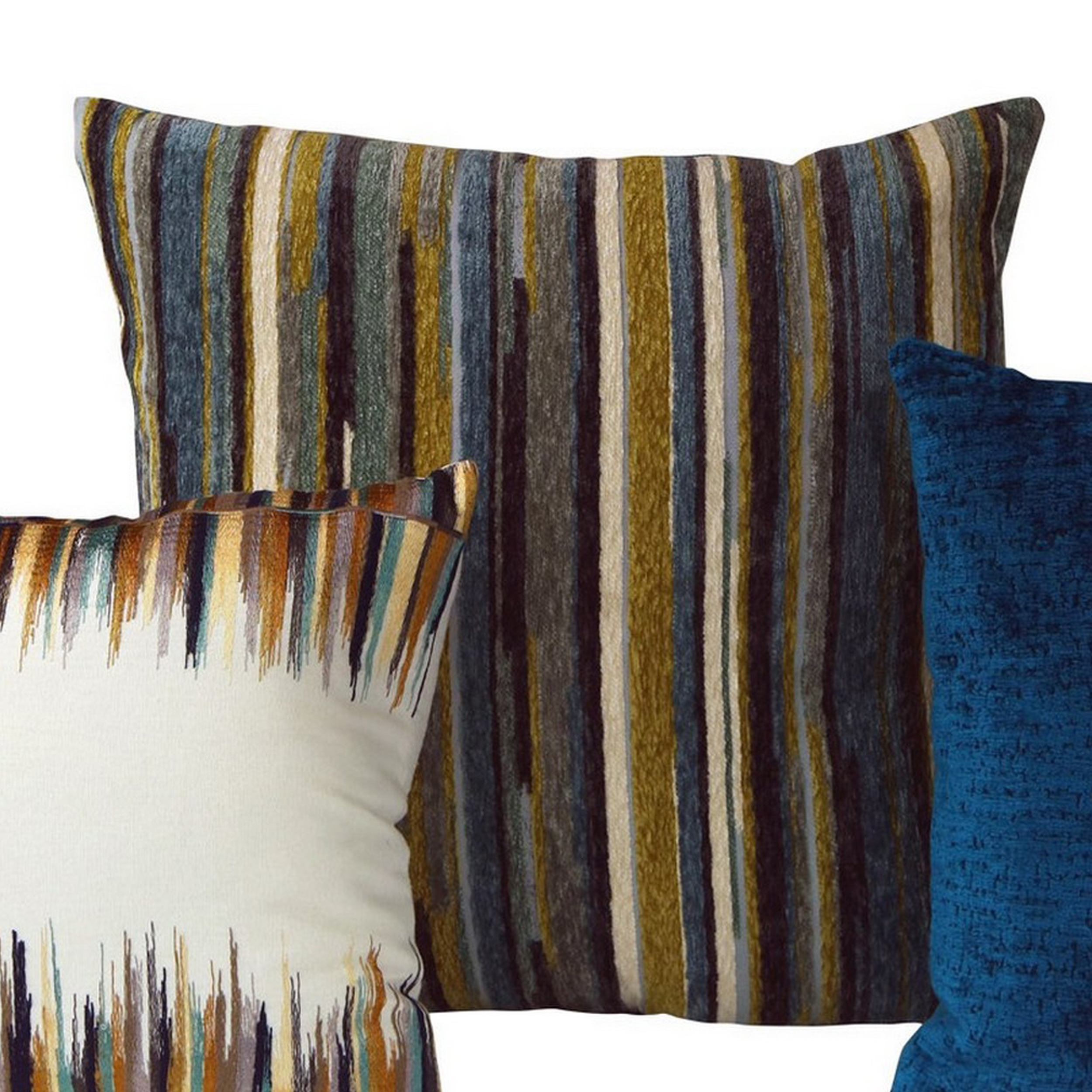 3 Modern Accent Throw Pillows, Polyester, Chenile Stripes, Multicolor - Saltoro Sherpi