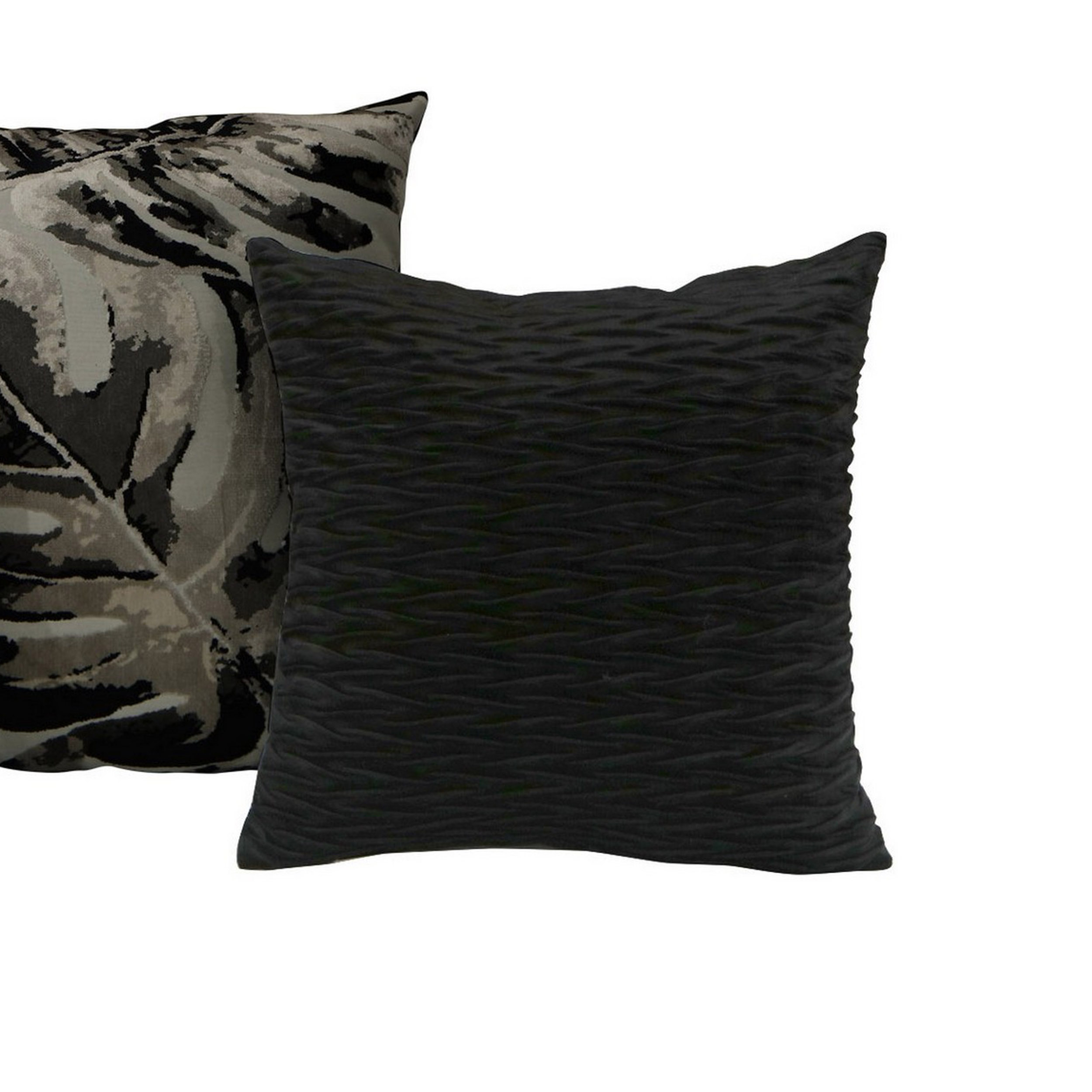 3 Neutral Accent Throw Pillows With Monstera Leaf, Velvet Charcoal Gray - Saltoro Sherpi