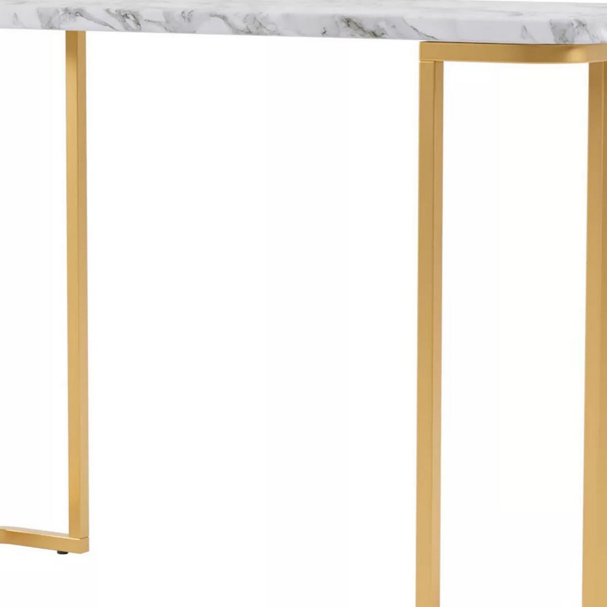 Hume 47 Inch Sofa Console Table, White Faux Marble, Geometric Gold Steel- Saltoro Sherpi