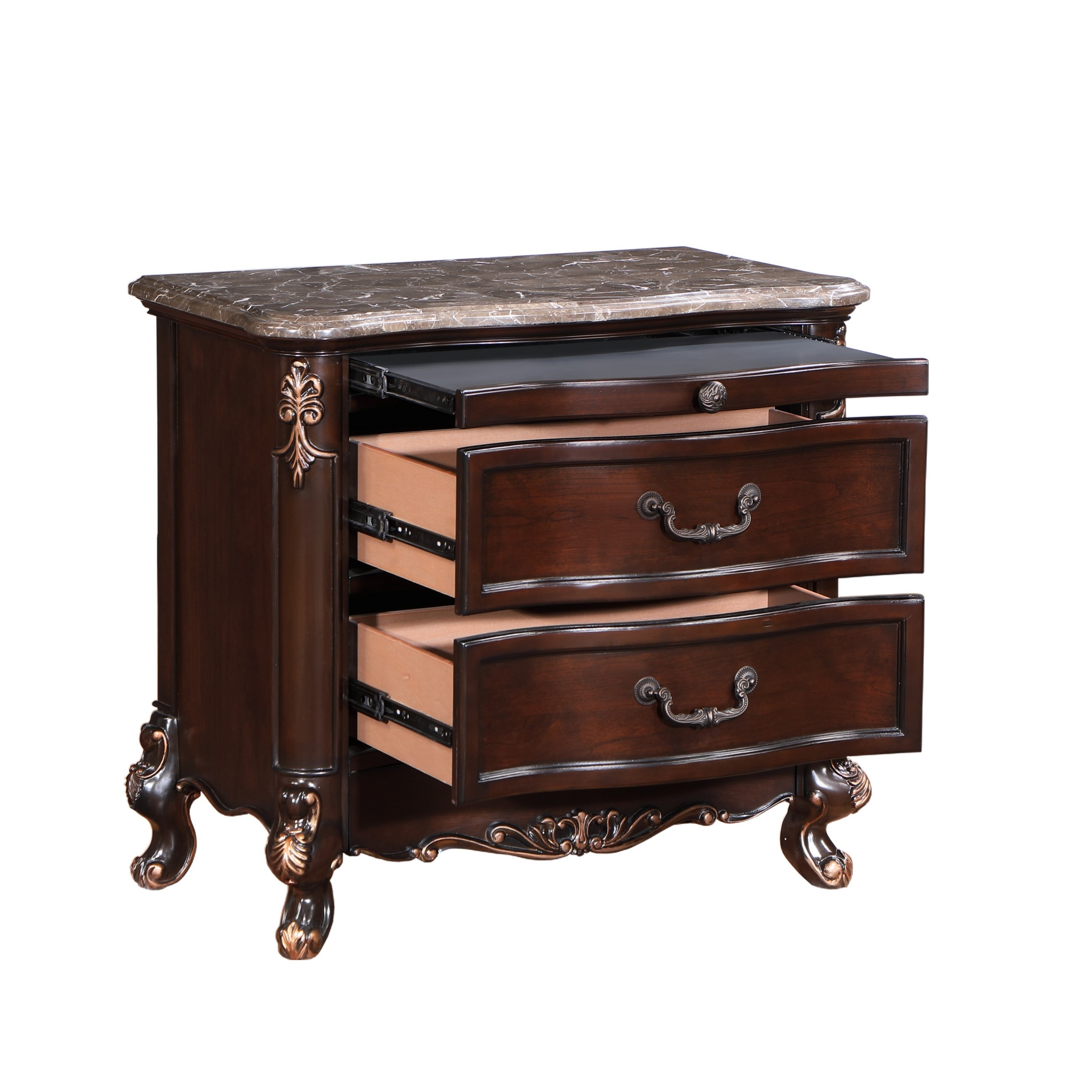 Leon 32 Inch 2 Drawer Nightstand, Carved Details, Marble Surface, Brown - Saltoro Sherpi