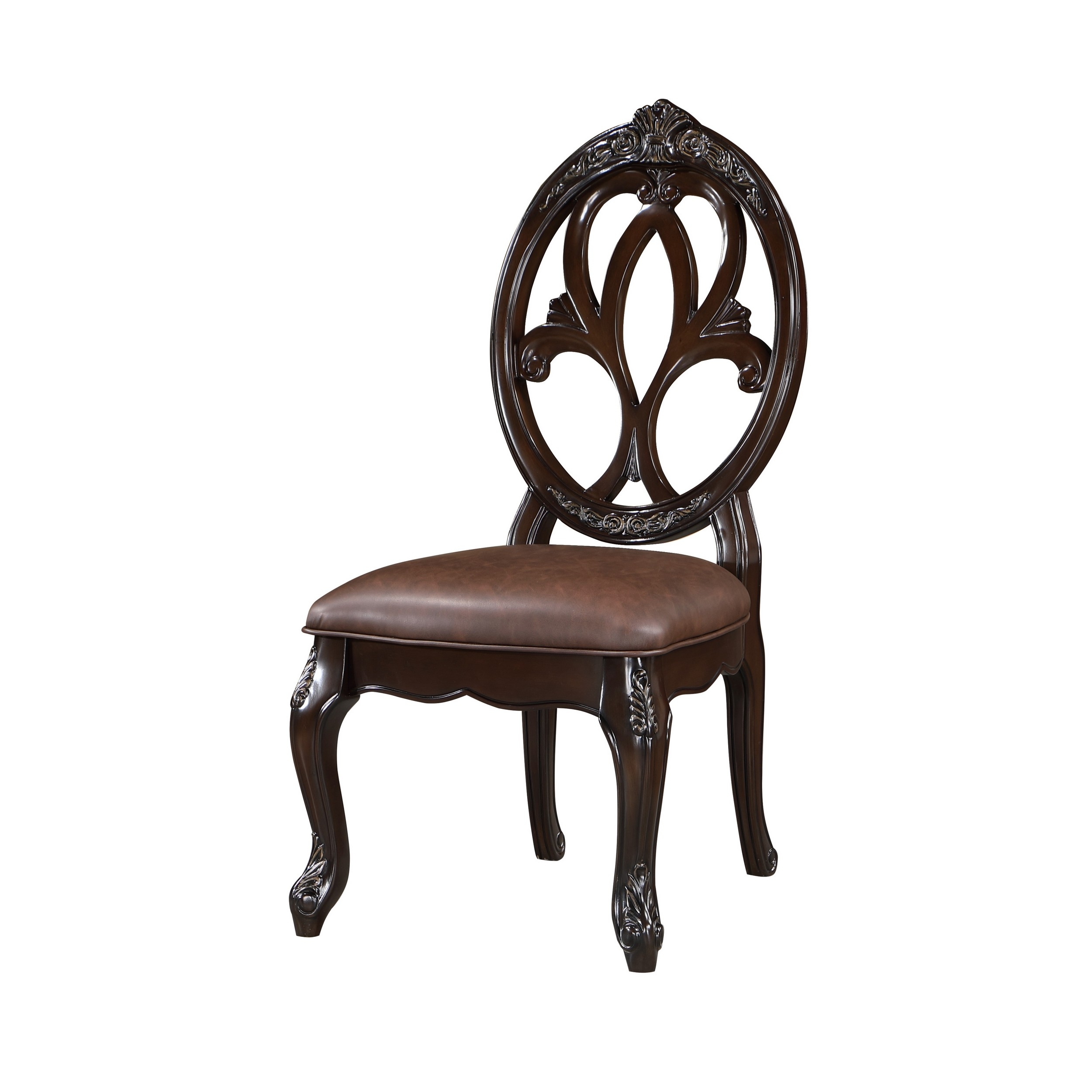 Cran 21 Inch Dining Side Chair, Carved Details, Faux Leather Seat, Brown - Saltoro Sherpi