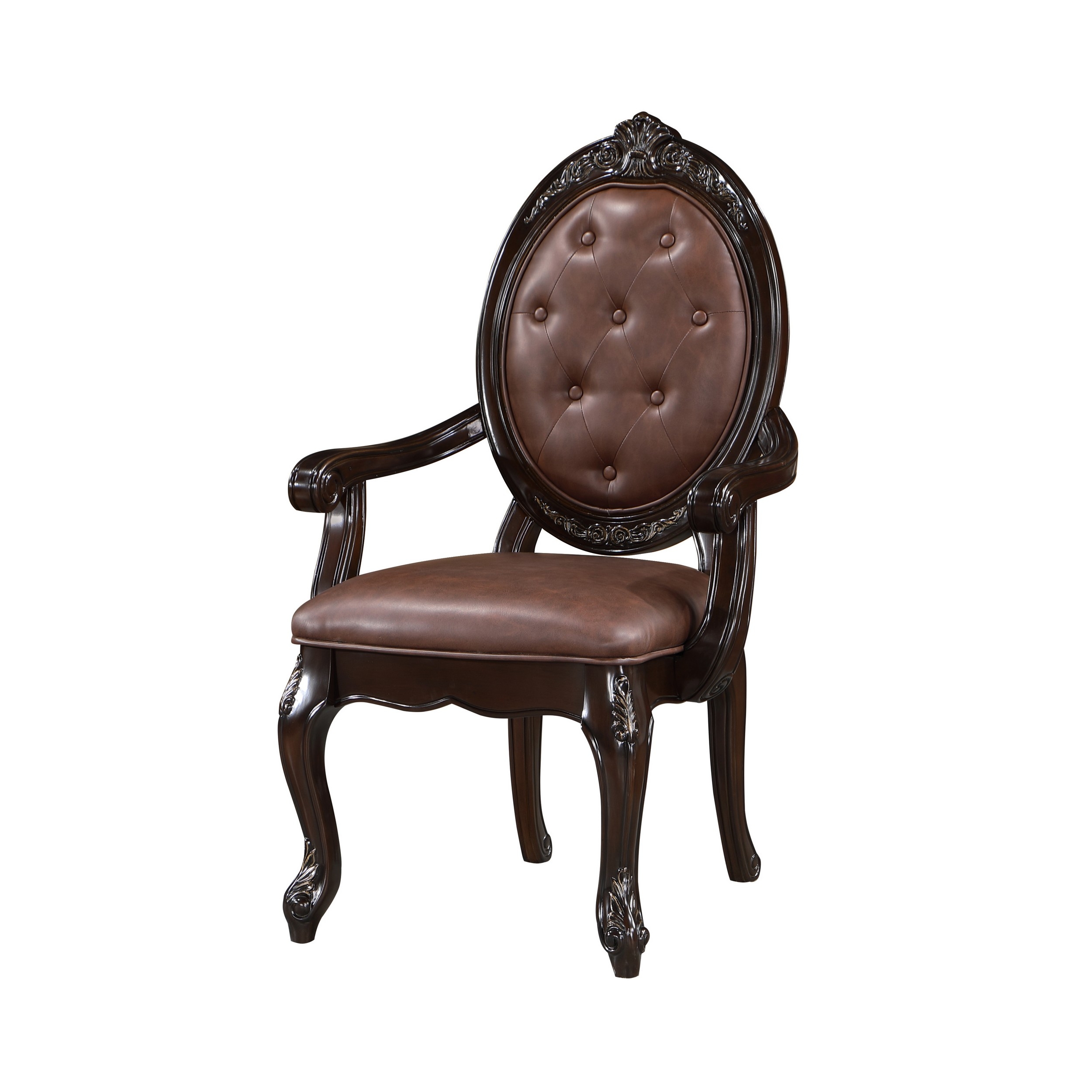 Cran 24 Inch Dining Armchair, Carved Details, Faux Leather Seat, Brown - Saltoro Sherpi