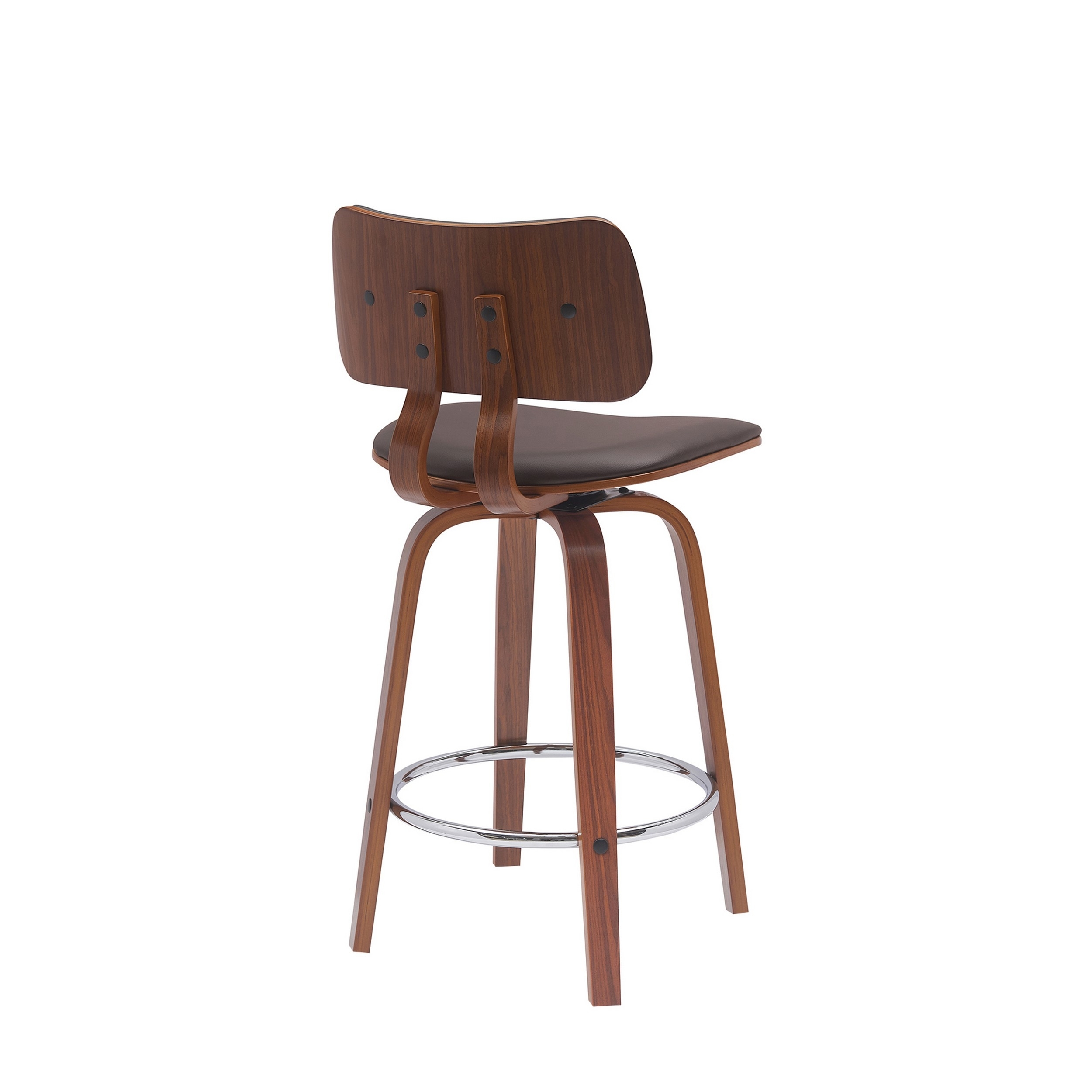 Pino 26 Inch Swivel Counter Stool Chair, Faux Leather, Walnut Brown Wood - Saltoro Sherpi