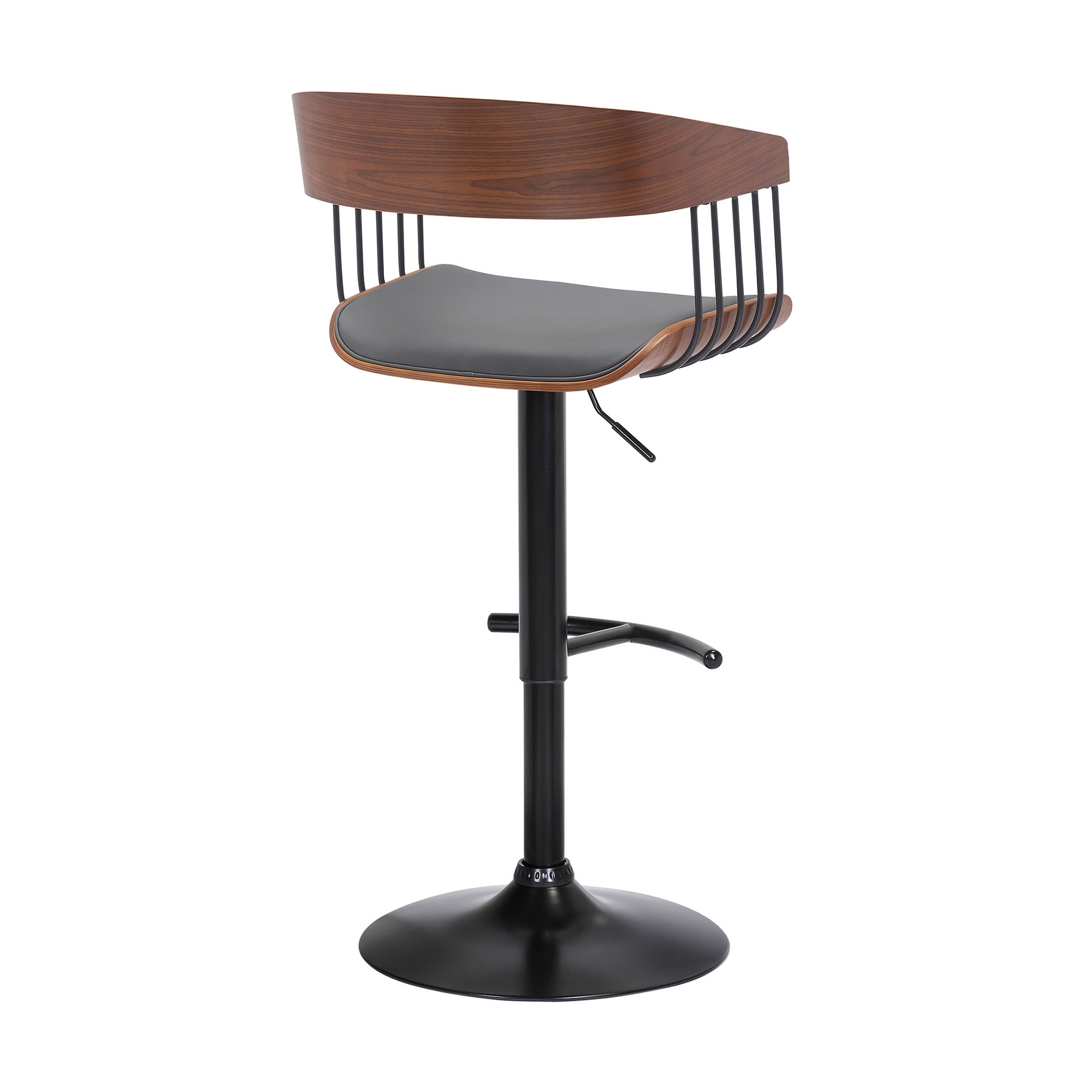 Lizo Walnut Barstool Chair, 24-33 Inch Adjustable Height, Curved Seat, Gray - Saltoro Sherpi