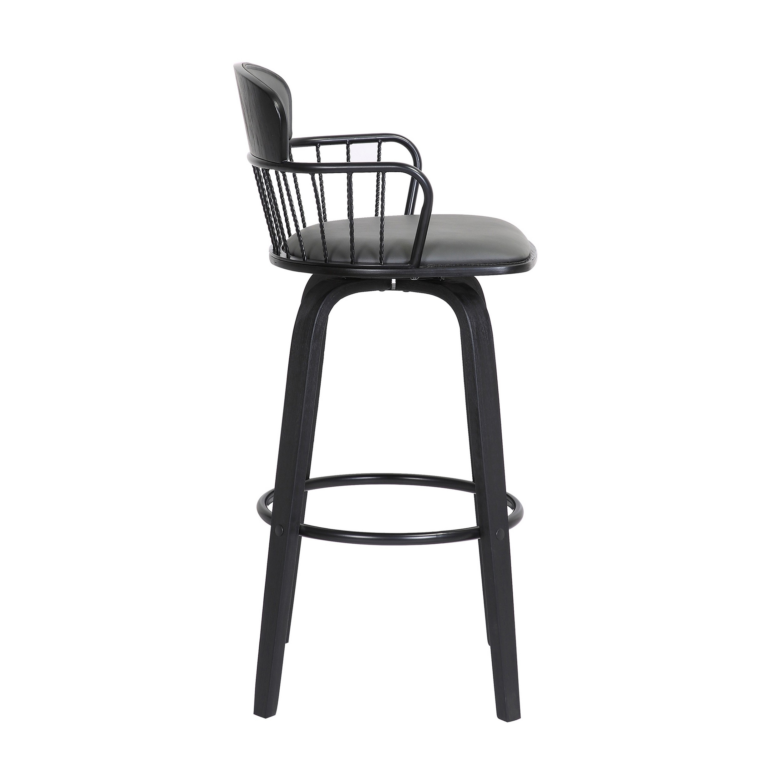 Wiz 30 Inch Barstool Chair, Slatted Back, Gray Faux Leather, Black Wood - Saltoro Sherpi