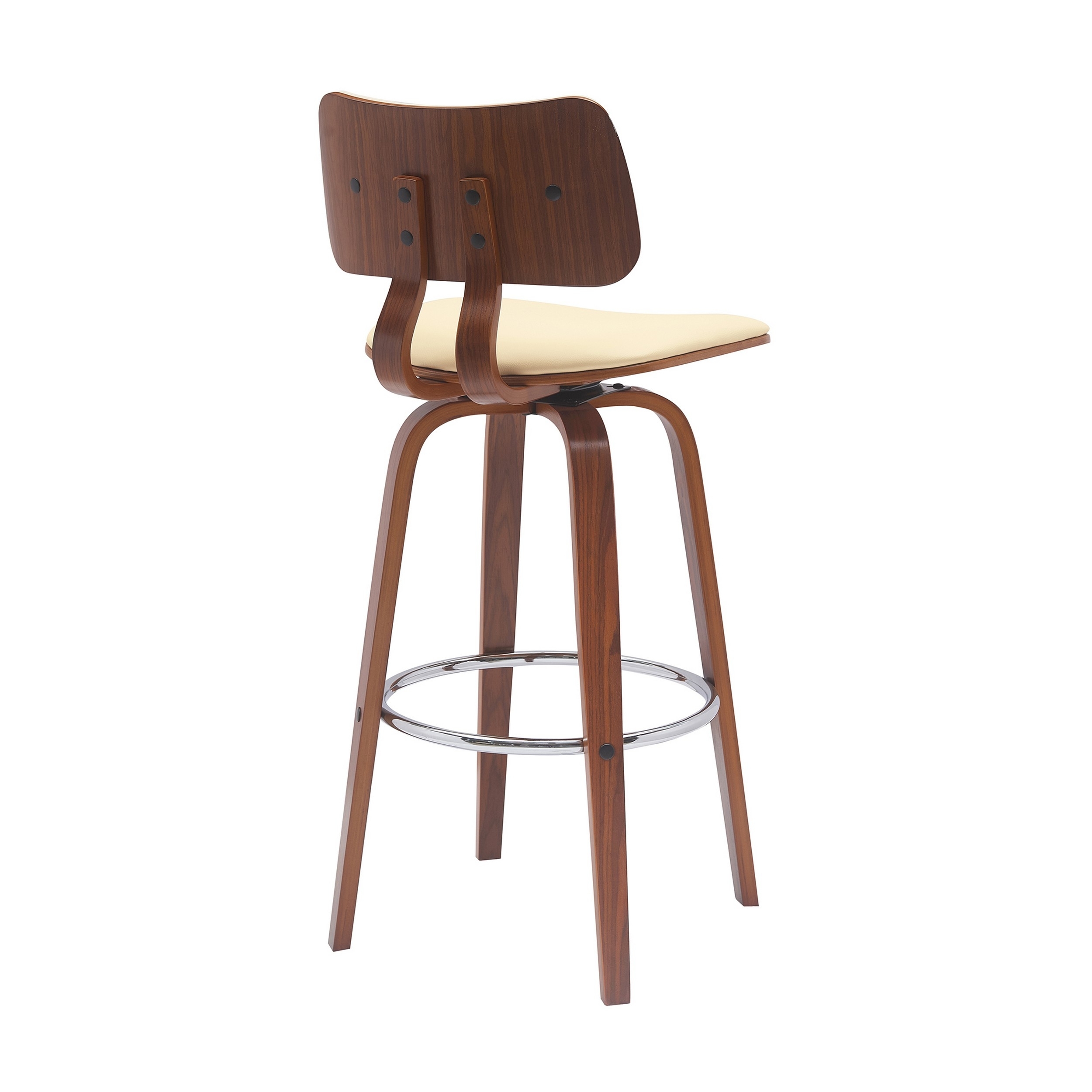 Pino 30 Inch Swivel Barstool Chair, Cream Faux Leather, Walnut Brown Wood - Saltoro Sherpi