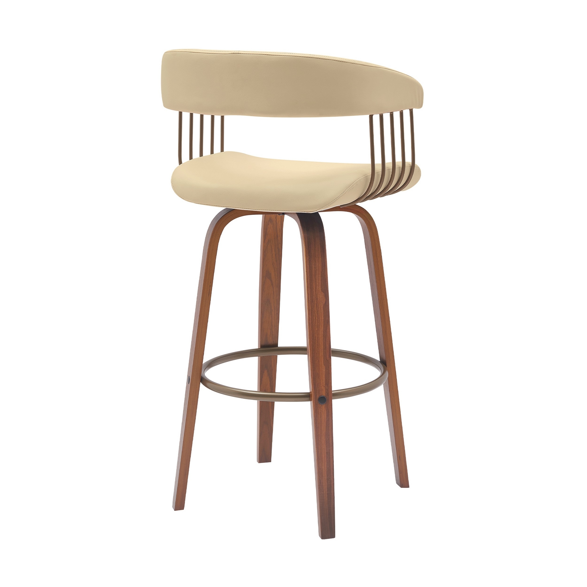 Maya 31 Inch Swivel Barstool Chair, Cream Faux Leather, Bronze Walnut Brown - Saltoro Sherpi